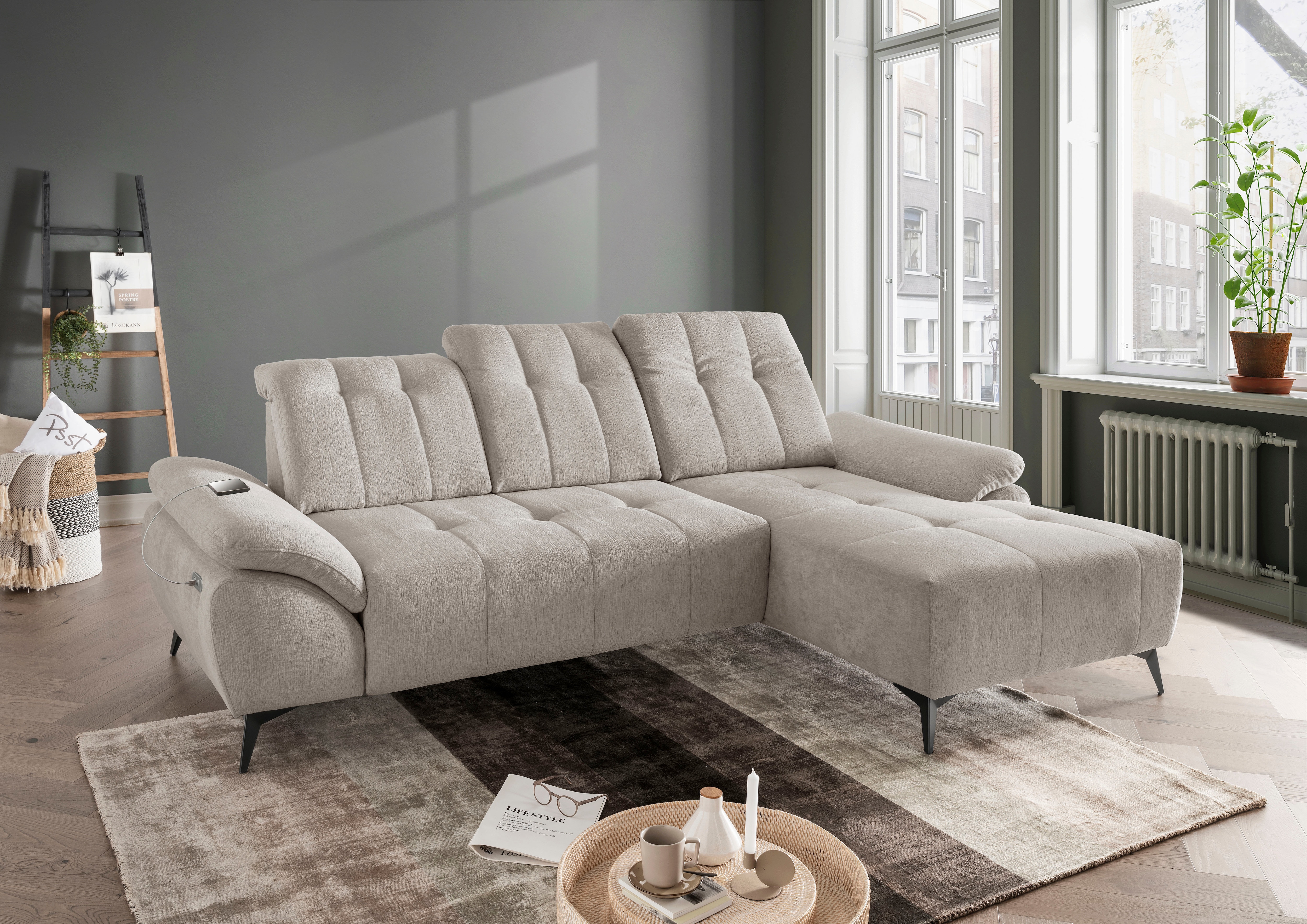 Home affaire "Fiore modern, bequeme Armlehnen, tolle Detailverarbeitung, L-Form" elektrischer Sitzvorschub und Kopfstützen höhenverstellbar