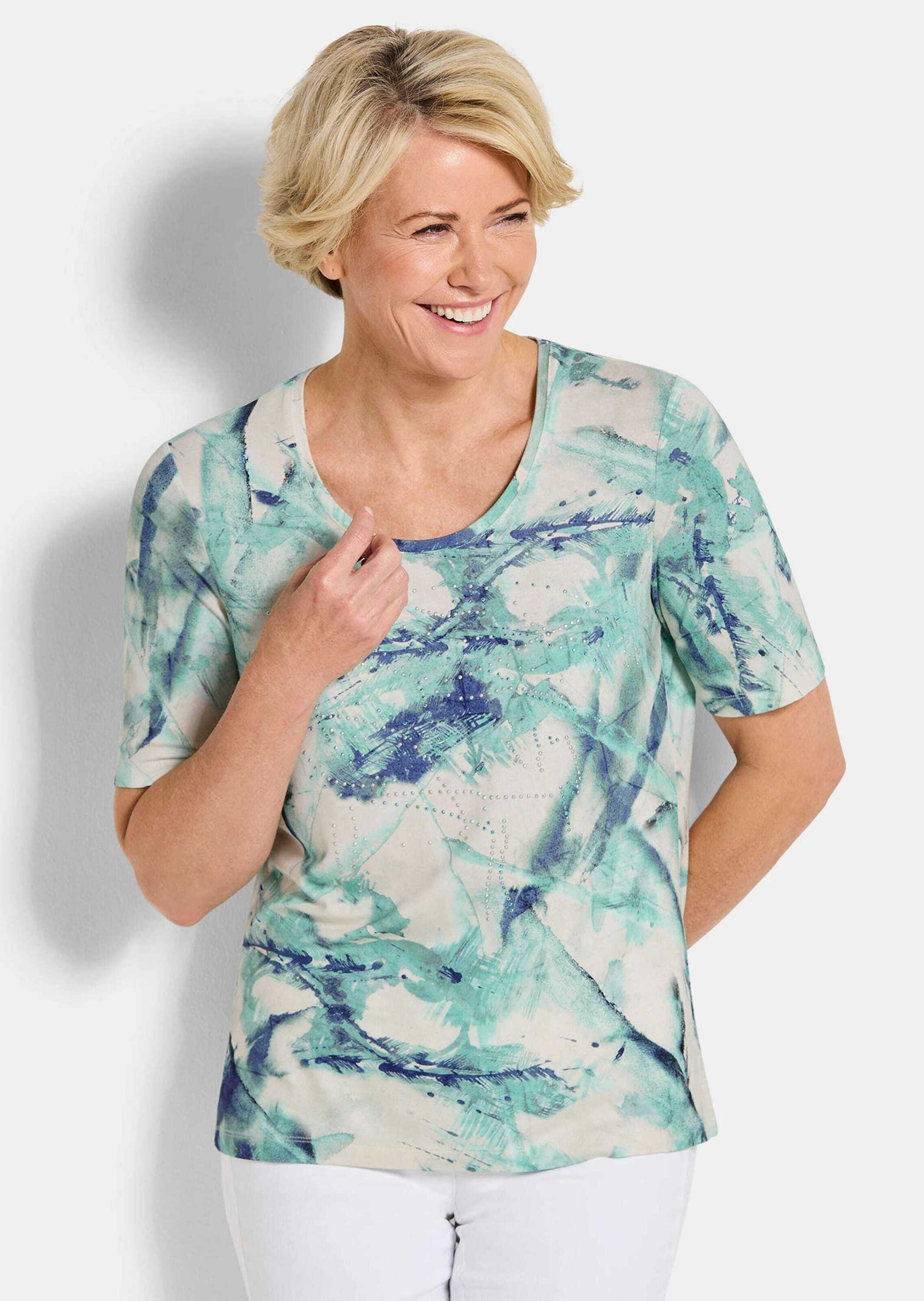 Thumbnail - GOLDNER Print-Shirt "Kurzgröße Cityshirt mit Glitzersteinen" stretchbequemer Viskosejersey