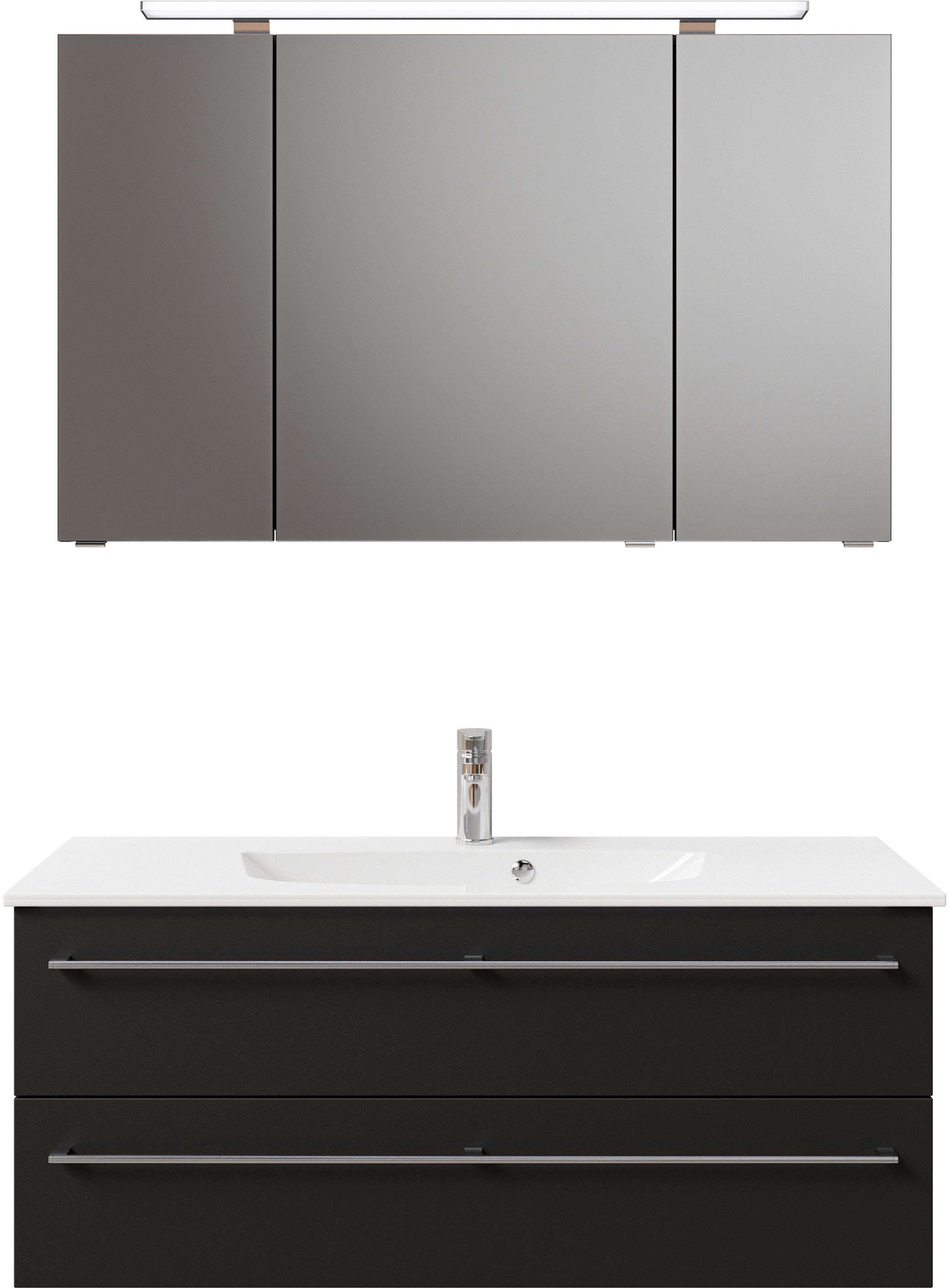 Saphir Badmöbel-Set »Serie 6025 2-teilig Mineralmarmor-Waschtisch mit LED-Spiegelschrank«, (2 St.), Waschplatz 117cm breit, 2 Schubladen, 3 Spiegel-Türen, inkl Türdämpfer