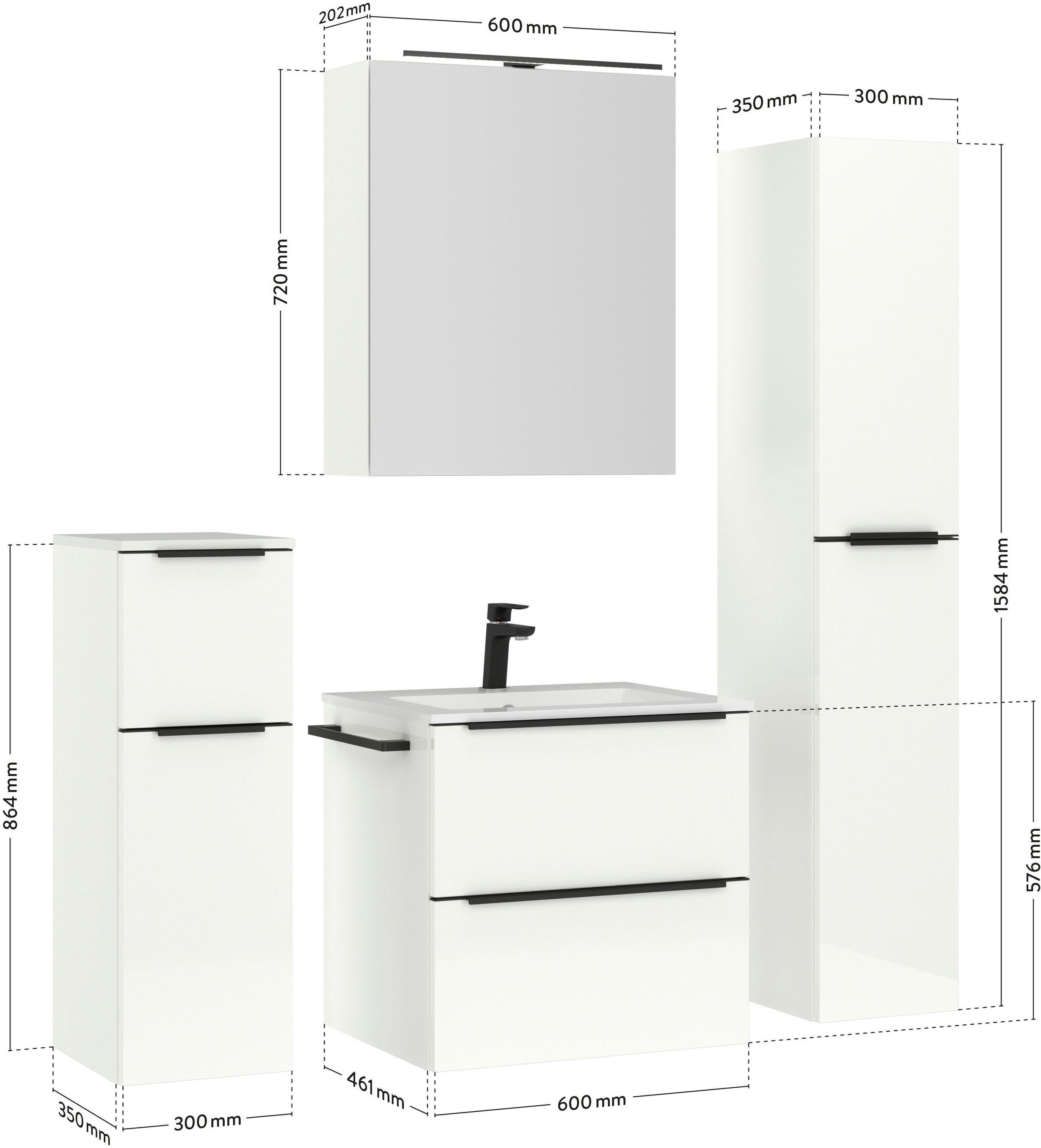 nobilia® Badmöbel-Set »Levere«, (4 St., vormontiert, mit Soft-Close), inkl. Spiegelschrank mit Beleuchtung und Dimmerfunktion, in 4 Breiten