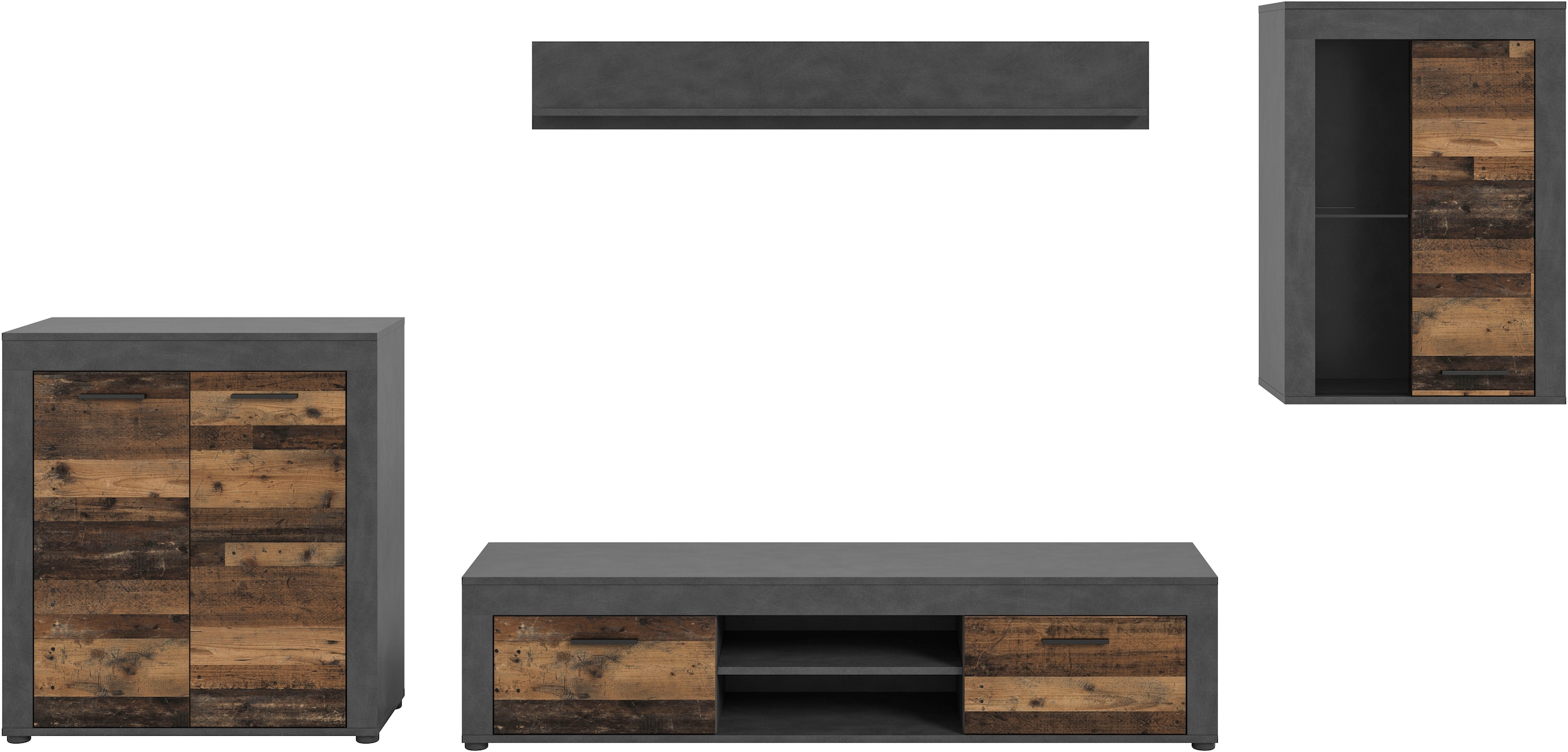 INOSIGN Wohnwand »Aosta, 4-tlg., best. aus: Highboard, Lowboard, Wandboard & Vitrine«, (4 St.), Wohnwand, Kombination, Anbauwand, Möbel Set, Schrankwand, Möbel Kombi
