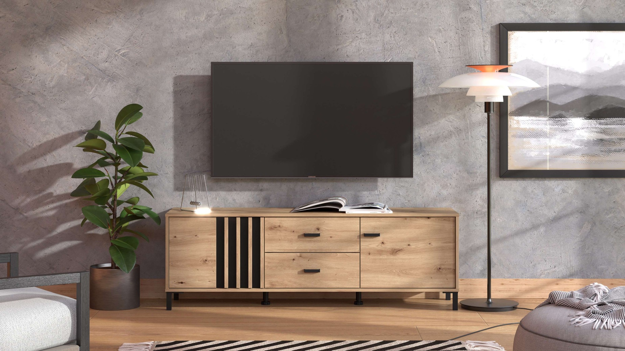 Home affaire Lowboard "LAVAL, TV-Board, TV-Kommode, TV-Schrank, TV-Unterschrank, TV-Möbel" Modernes Lowboard in Artisan-Dekor mit viel Stauraum, Lamellen-Optik
