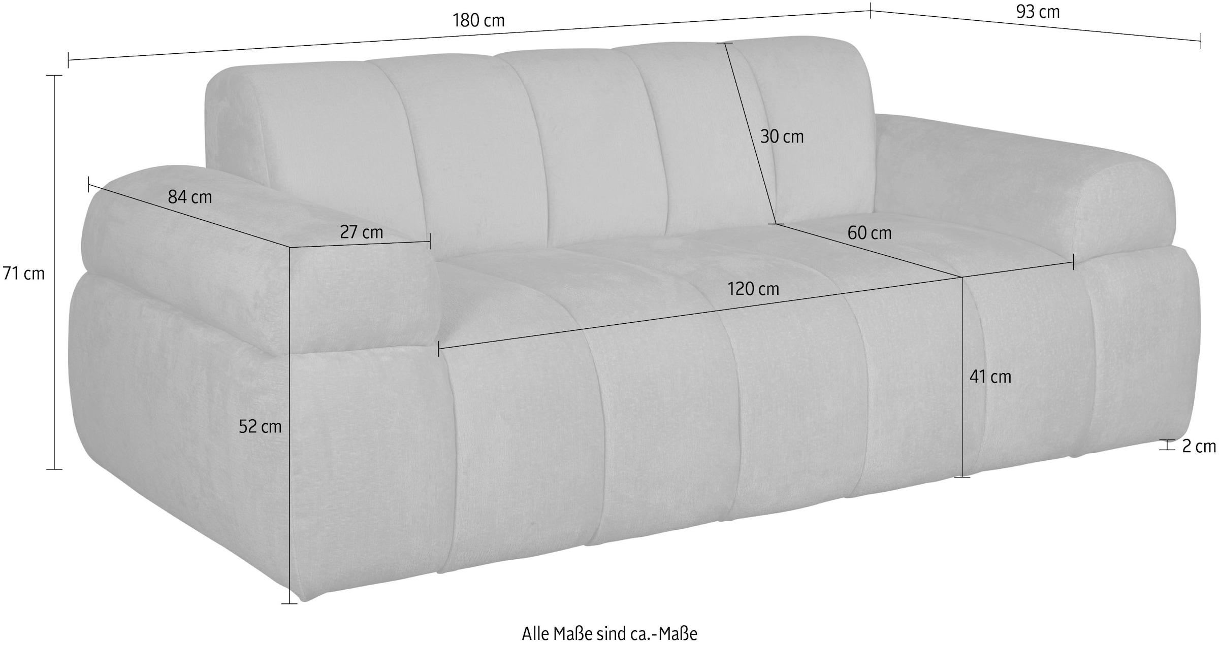INOSIGN 2-Sitzer »LYOTH«, moderne Steppung, Armlehnen in Kissenoptik, B/T/H: 180/93/71 cm