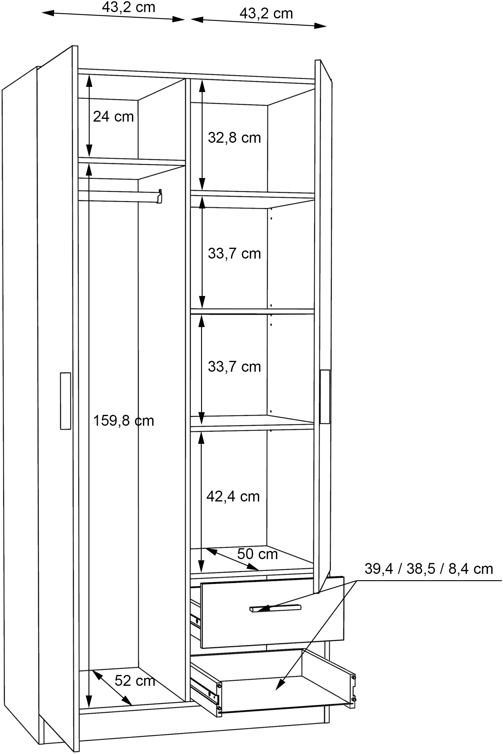 FORTE Kleiderschrank »FORTE JOAKIM , Drehtürenschrank Sonoma Eiche« B/H/T 90,8/197/54 cm, viel Platz