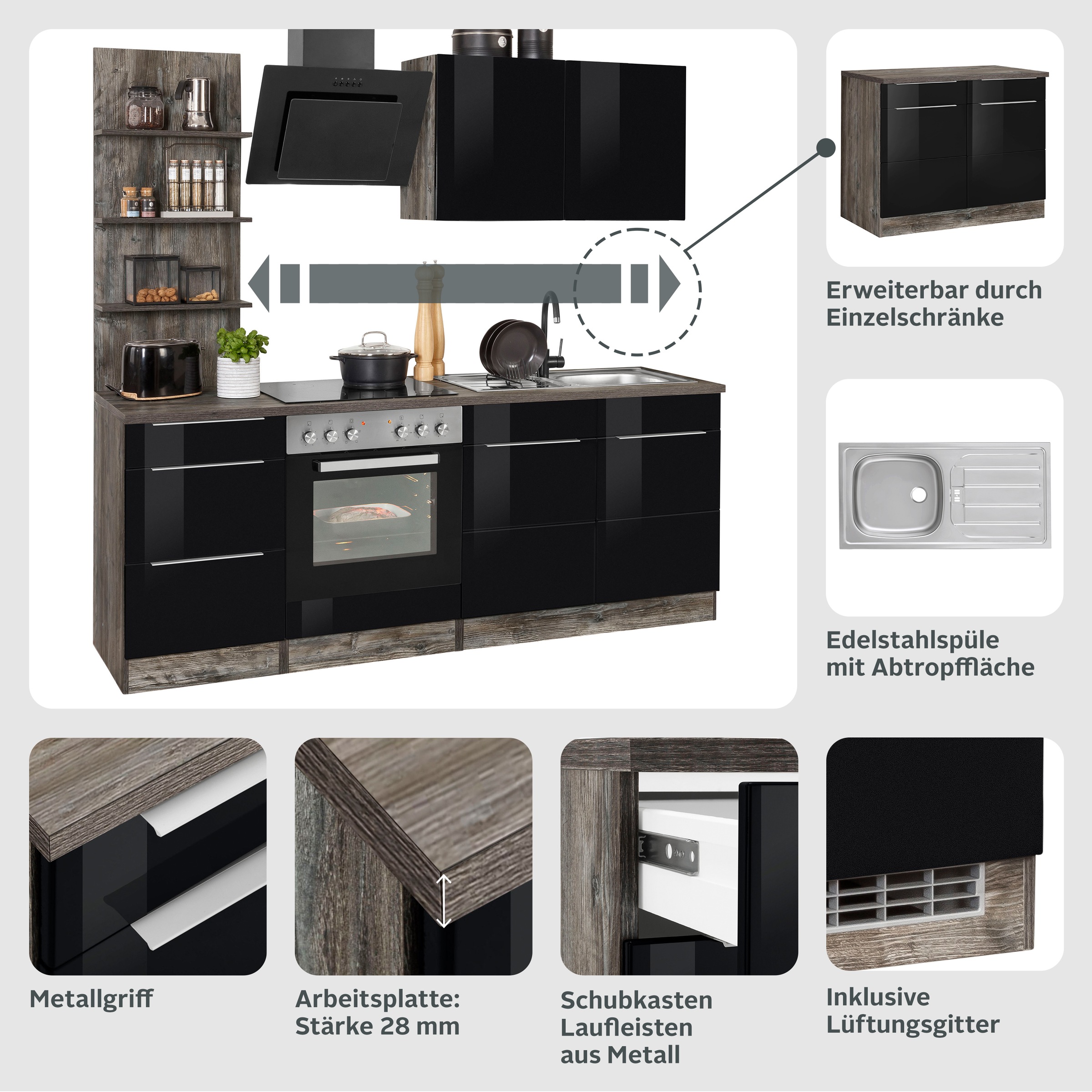 KOCHSTATION Küchenzeile »KS-Brindisi«, Breite 210 cm, wahlweise mit E-Geräten, mit MDF-Fronten und Regal