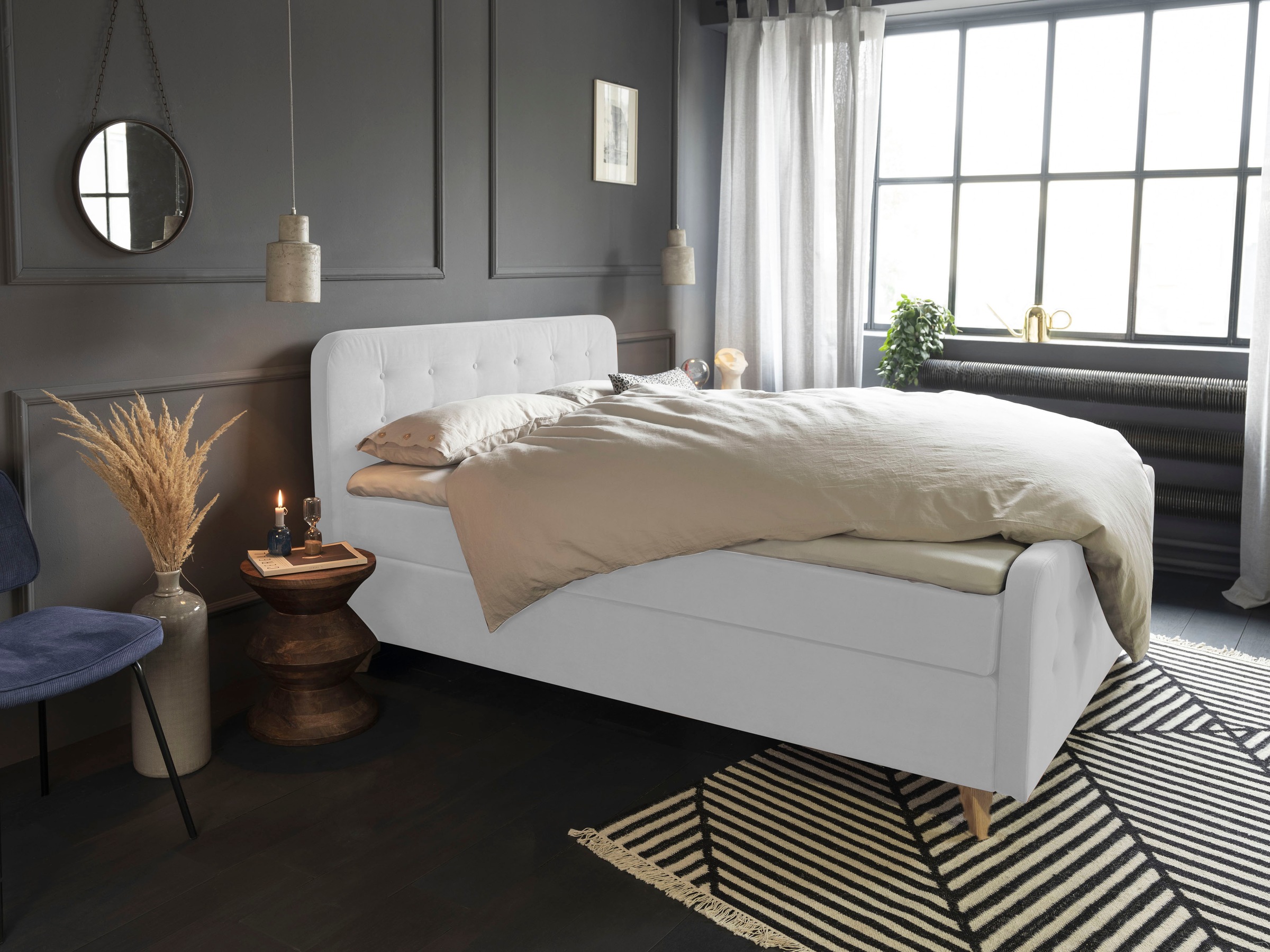 TOM TAILOR HOME Boxspringbett »NORDIC BOX«, mit Knopfheftung im Kopfteil und Fußteil, Füße in Buche natur