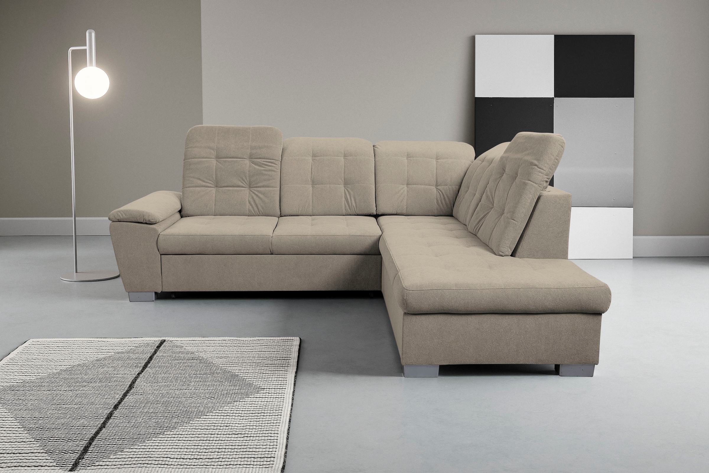 WERK2 Ecksofa "Bonny 265 x 215 cm inkl. Kopfteilverstellung modern und bequem" Webstoff, L-Form, Schlaffunktion, Bettkasten