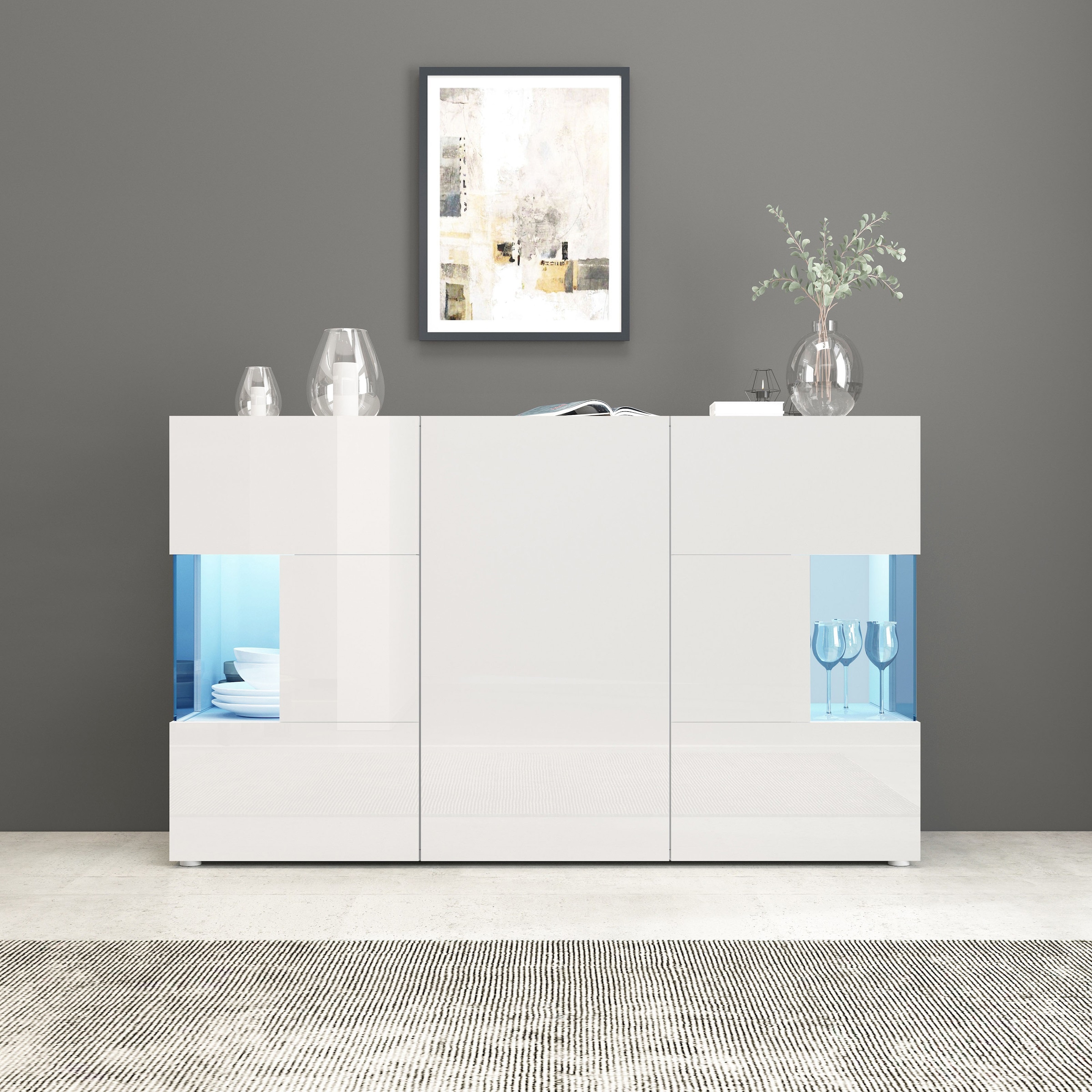 INOSIGN Sideboard »Egypt, Kommode, Schrank, Kredenz, Vitrine grifflos«, 3 Türen davon 2 mit Glaseinsatz, kompl. Hochglanz lackiert Breite 135