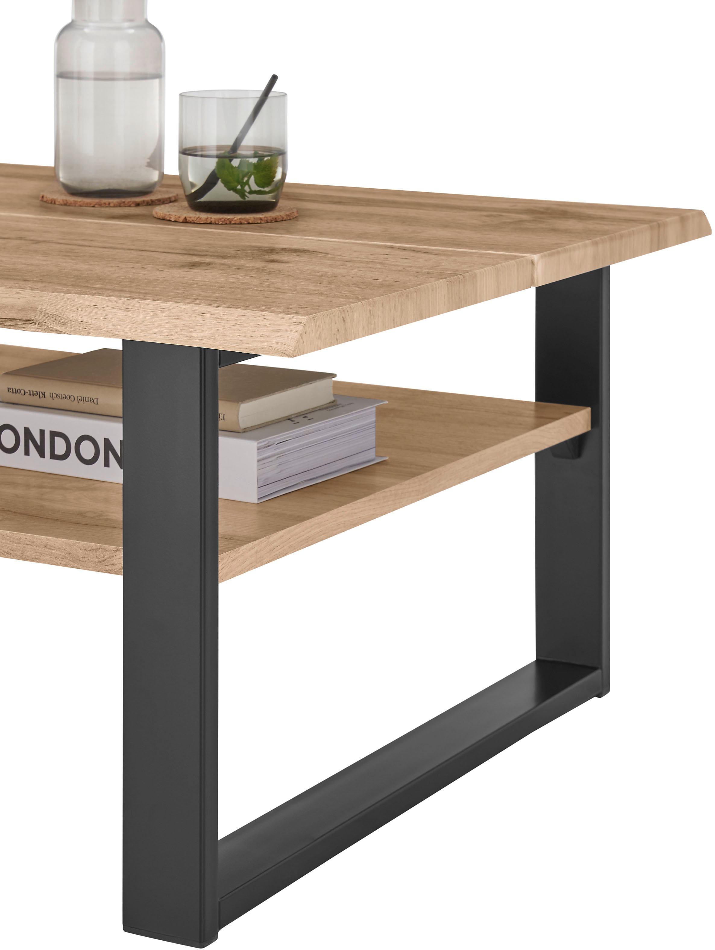 Stolkom Couchtisch »Venice Wohnzimmertisch mit Baumkante, BxHxT 107x40x66 cm«, Baumkantenoptik, Industrial Style, 1 Ablageboden, Wotan Eiche Optik