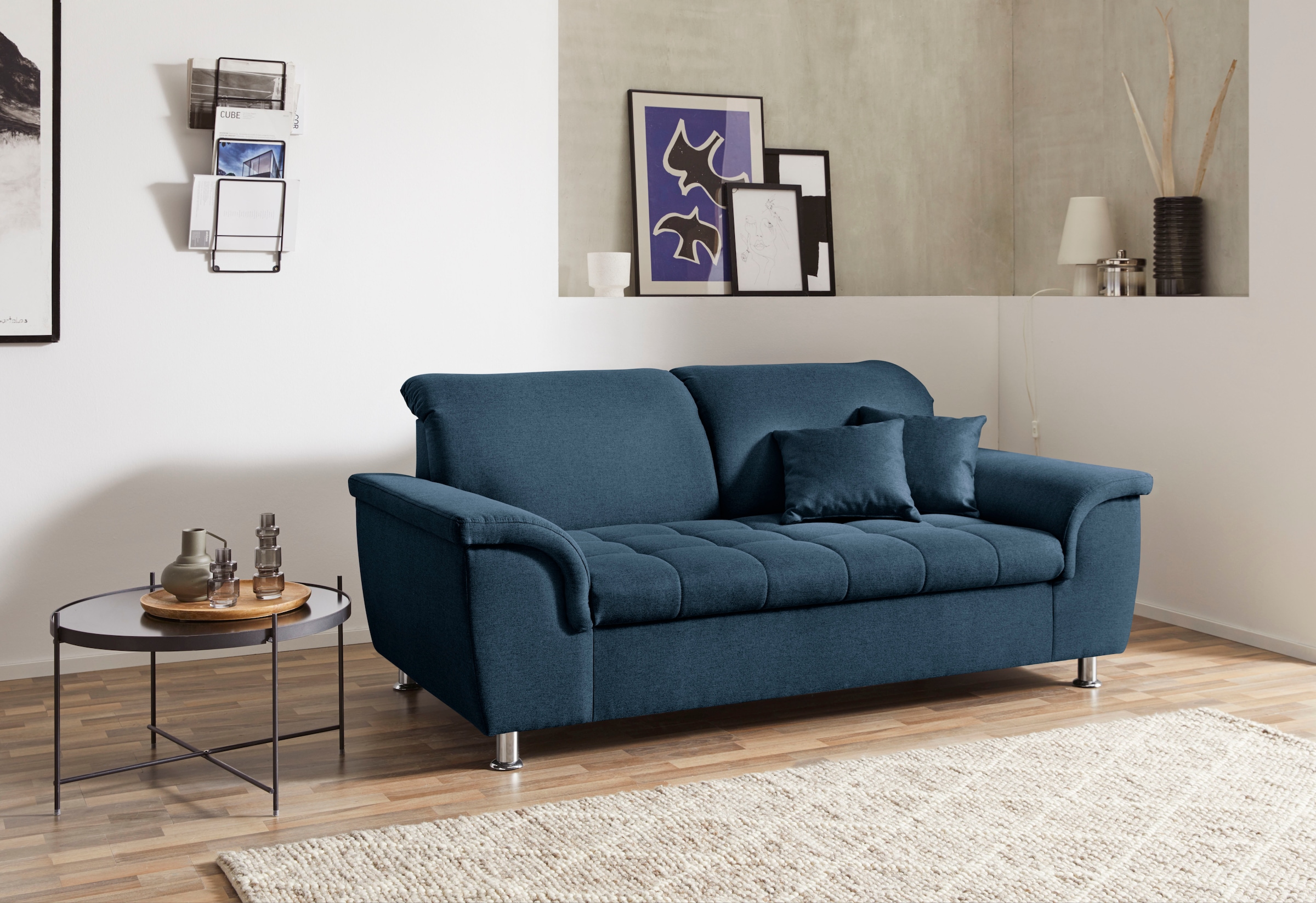 DOMO collection 2-Sitzer "FRANZI zeitlos & elegant, moderne Sitzheftung" wahlweise mit Kopfteilverstellung, inklusive Zierkissen