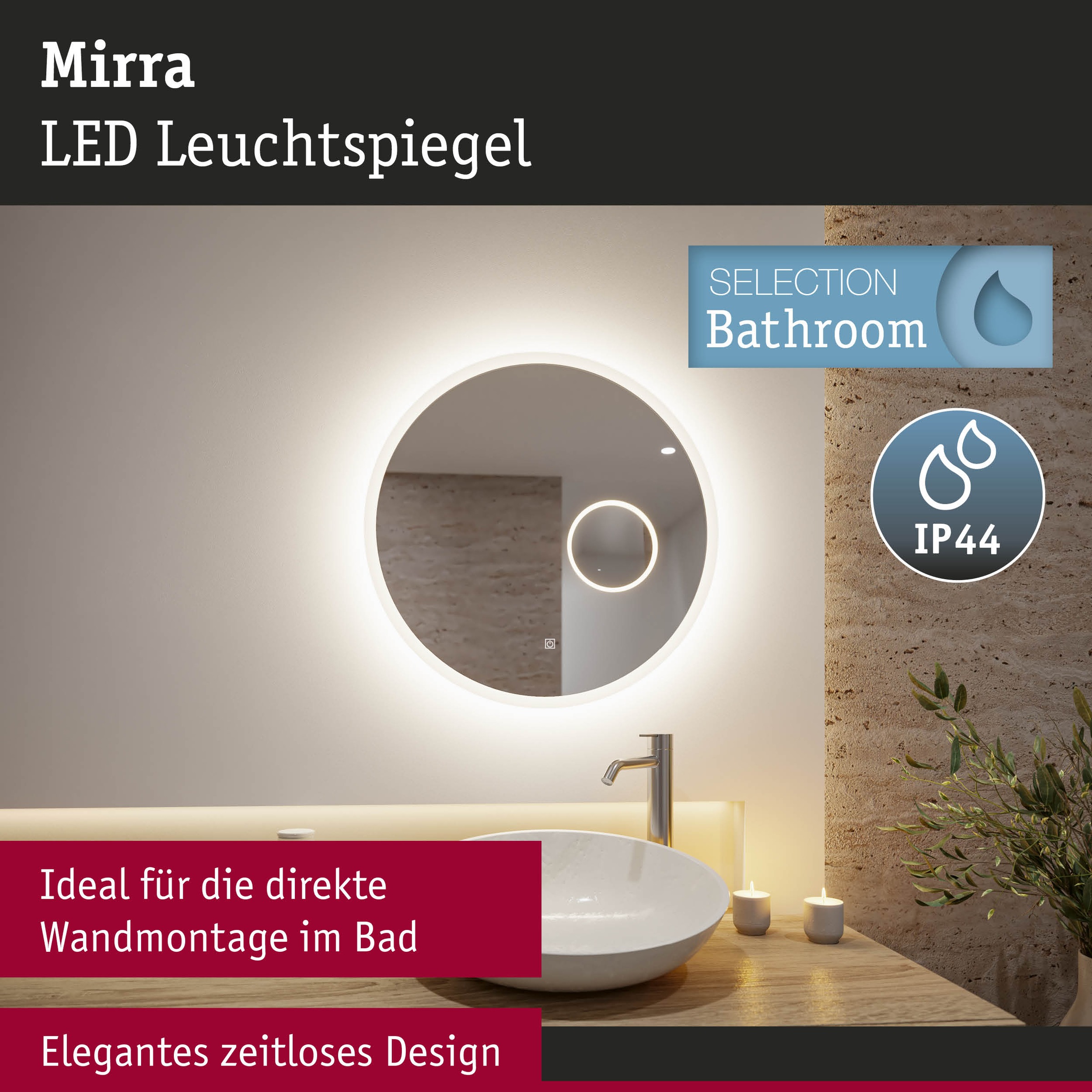 Paulmann LED Spiegelleuchte »LED Leuchtspiegel Mirra IP44 dimmbar Spiegel«, 1 flammig, Memoryfunktion, Dimmer