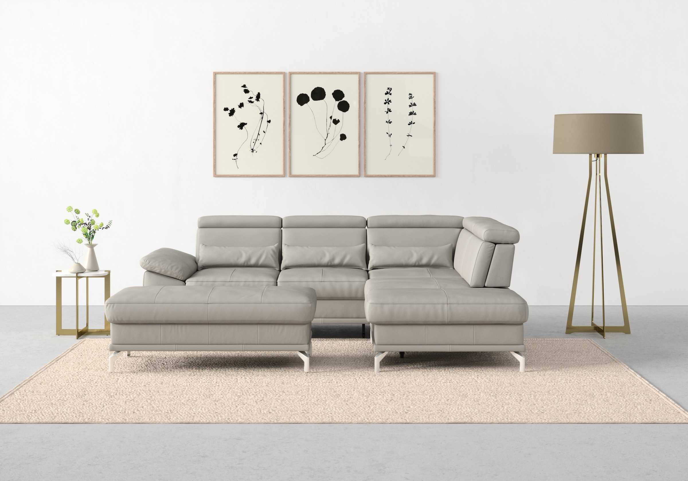 sit&more Ecksofa »Cabrio L-Form, mit Sitztiefenverstellung, Arm- und Kopfteilverstellung«, 3 Nierenkissen, Federkern, optional Bettfunktion und Stauraum