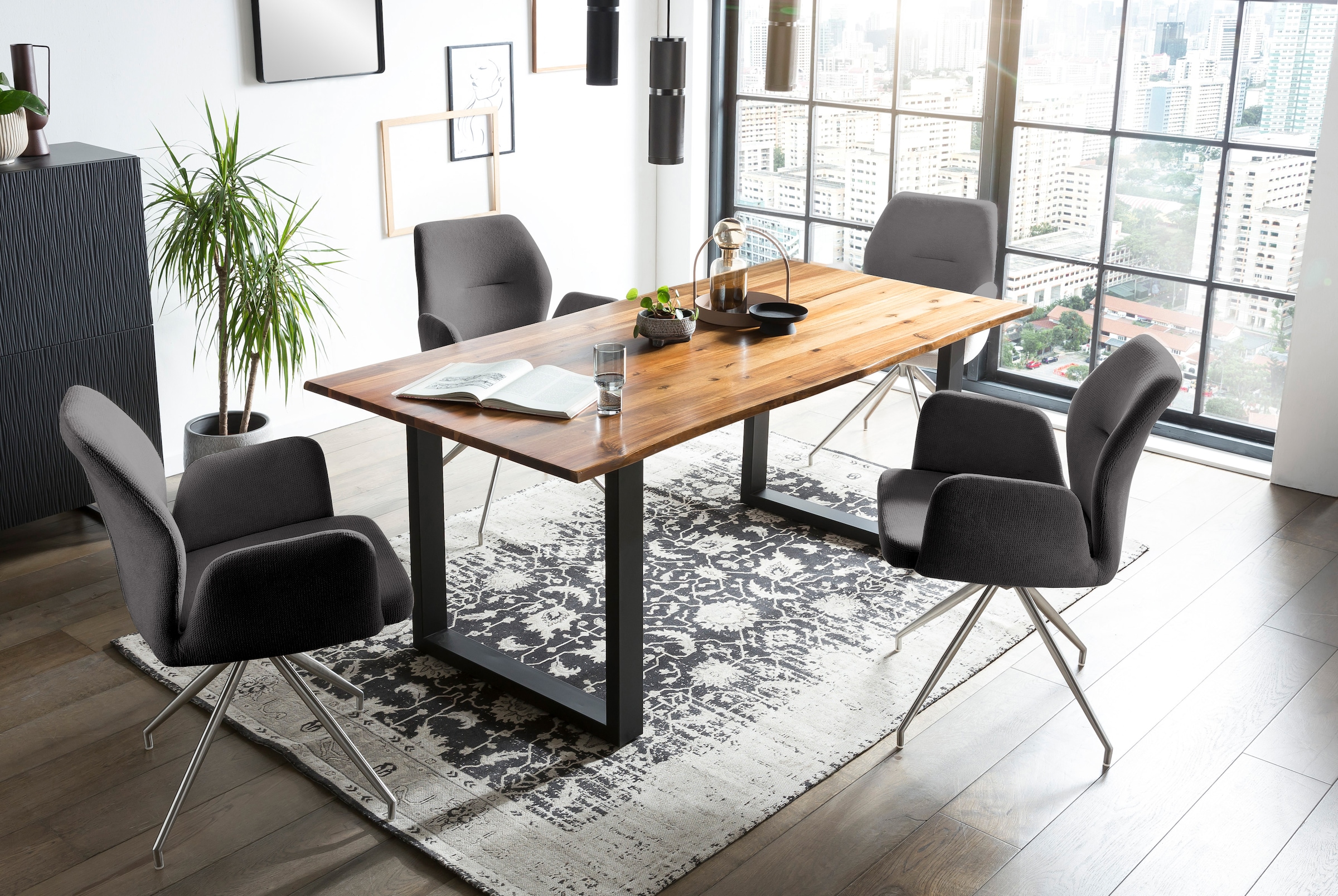 Essgruppe SALESFEVER "Tischgruppe für gemütliche Familienabende", grau (cognac, schwarz, dunkelgrau, silber, dunkelgrau, silber), Strukturstoff, 160,85 + Drehfunktion, Edelstahl, Massivholz, Metall, Polyester, Sitzmöbel-Sets, Essgruppe, Tischplatte mit ec