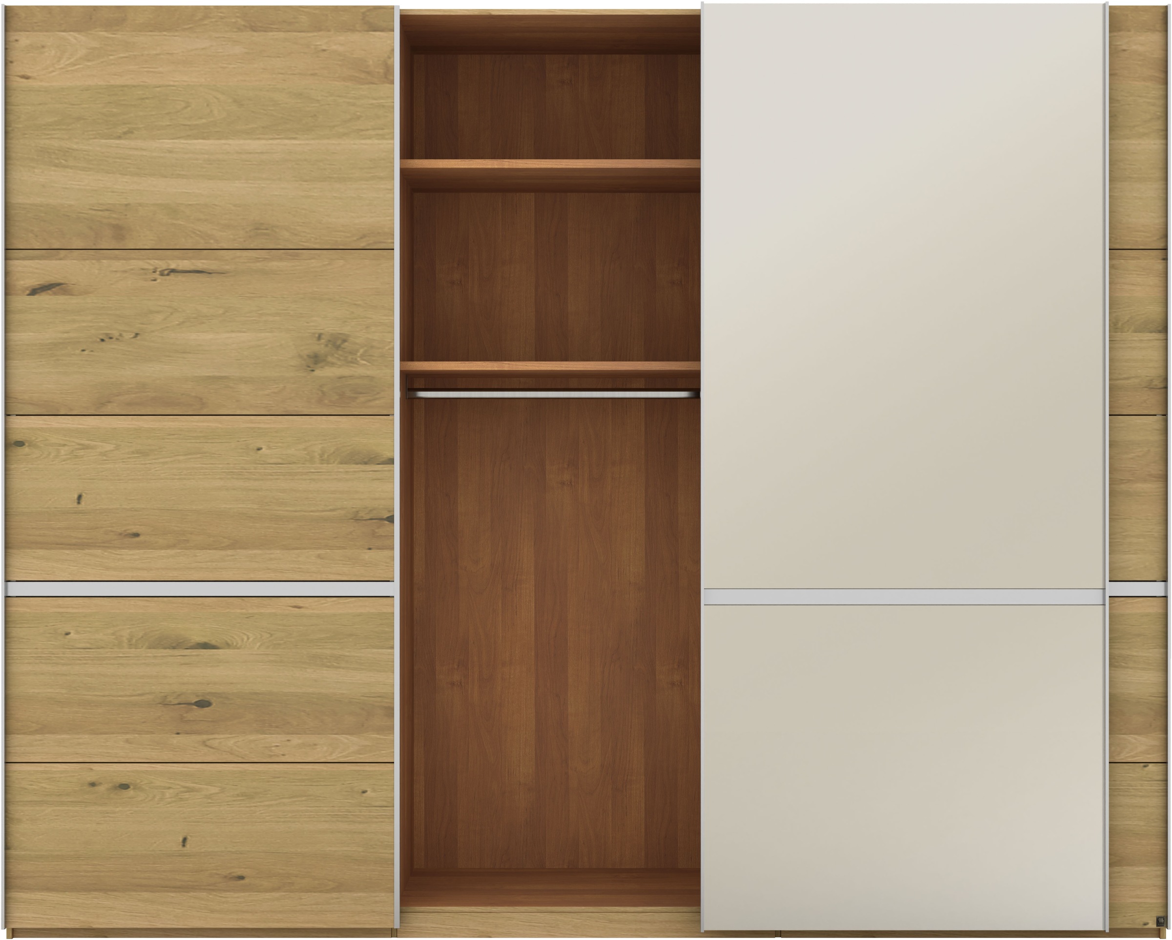 Musterring Schwebetürenschrank »Savona, Kleiderschrank, Schrank, Garderobe, mit Schiebetüren«, (Teilmassiv Bianco-Eiche, mit Spiegel oder Glas, MADE IN GERMANY), Türen Bianco-Eiche massiv, Spiegel-/Glastüren, eingelegte Chromleiste