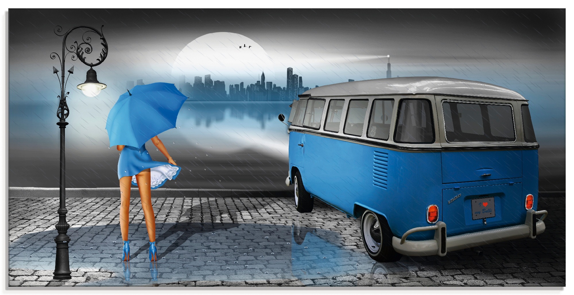 Artland Glasbild "Regennacht in Blau mit Camper T1", Auto, (1 St.), in verschiedenen Größen