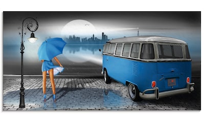 Glasbild »Regennacht in Blau mit Camper T1«, Auto, (1 St.)