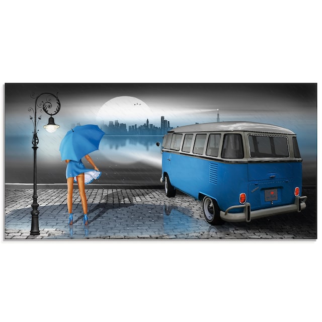 Black Friday Artland Glasbild »Regennacht in Blau mit Bulli T1«, Auto, (1 St.),  in verschiedenen Größen | BAUR