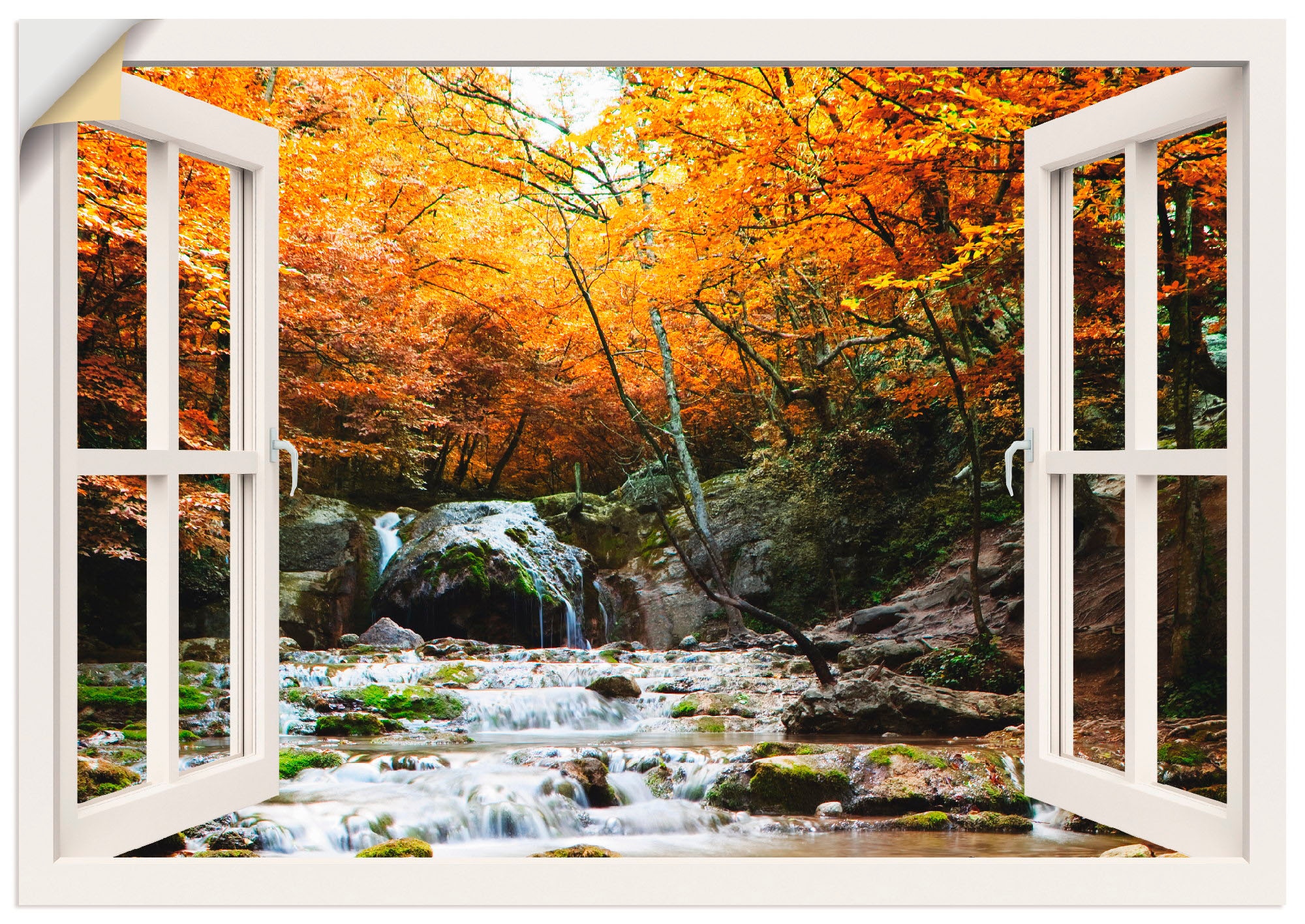Artland Wandbild »Fensterblick Fensterblick, (1 Wasserfall«, bestellen BAUR Größen Herbstlicher Leinwandbild, als Wandaufkleber Poster in | St.), - oder versch
