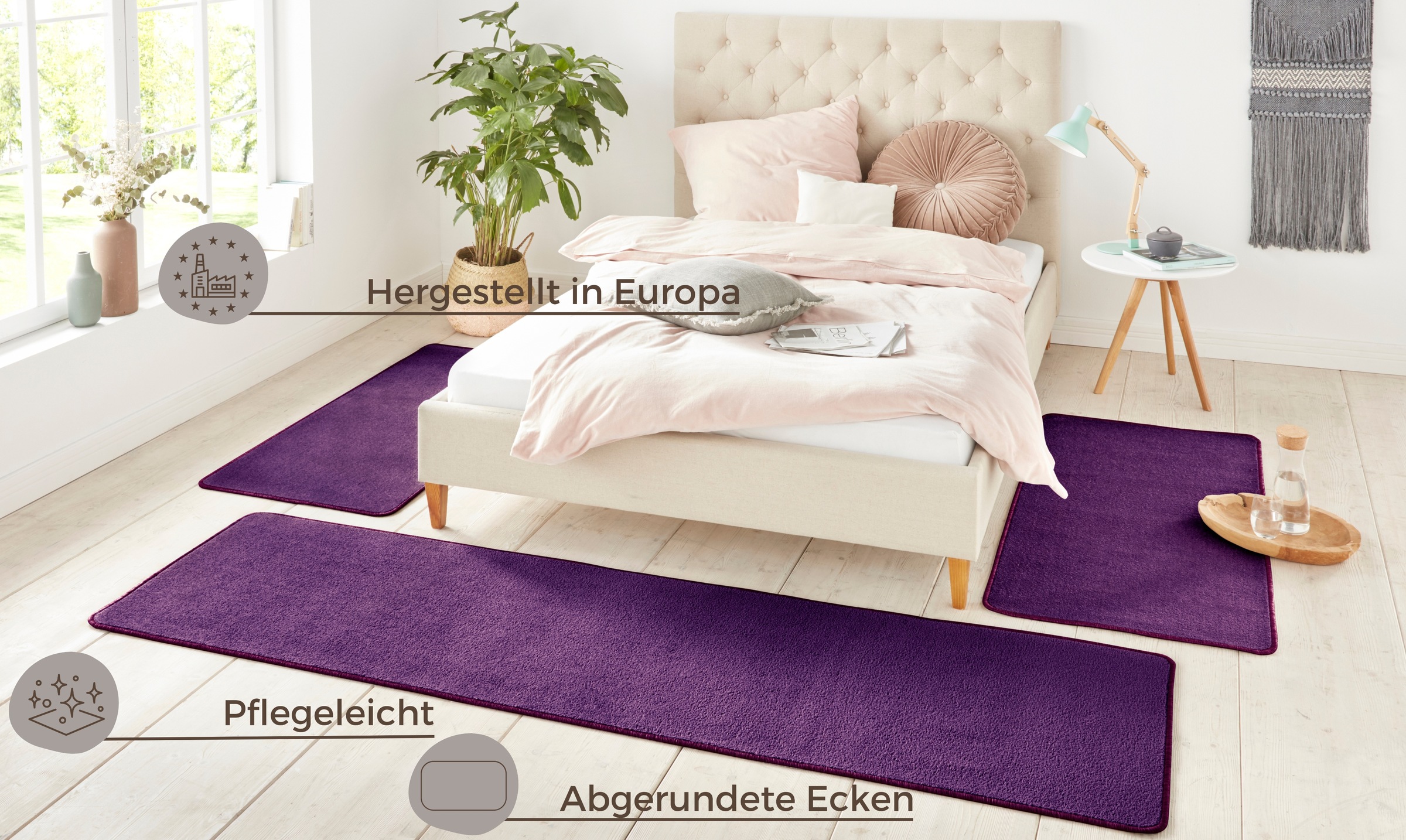 HANSE Home Bettumrandung »Shashi«, (3 tlg.), Kurzflor, Unifarben, Teppich, Bettläufer, Bettvorleger, Teppichläufer