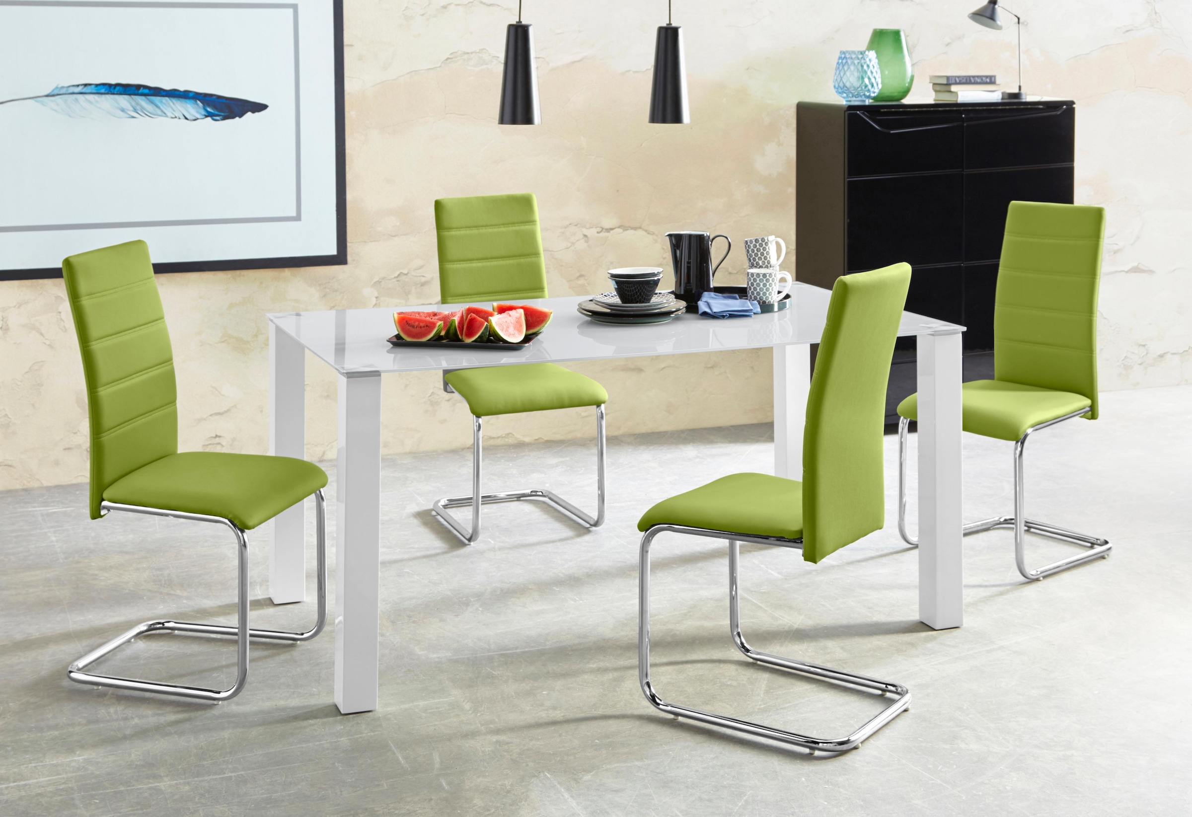 OTTO home Essgruppe "Normadora" Set, 5 Stk. tlg. mit Glastisch, Freischwinger belastbar bis 120 KG