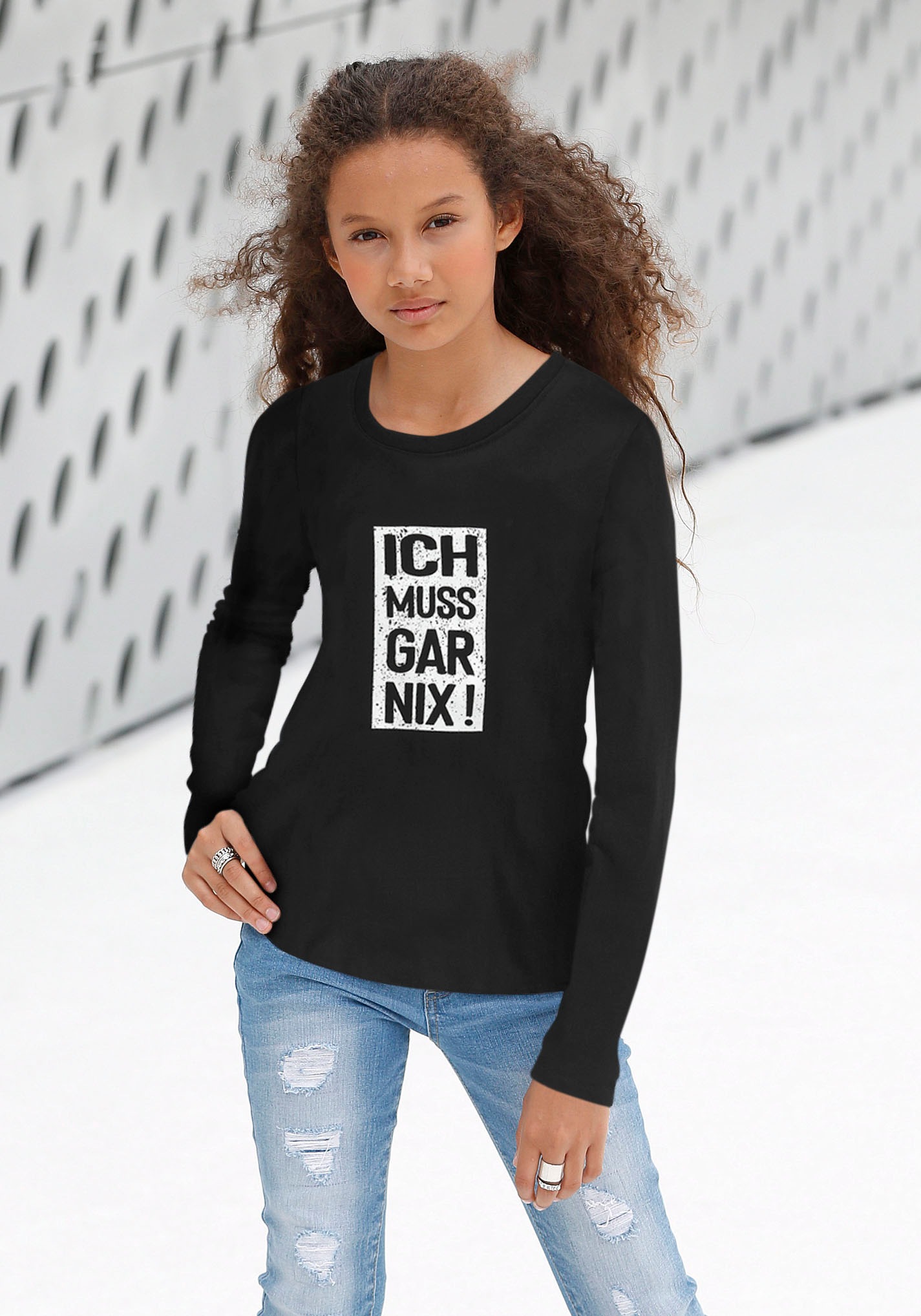 bestellen gar KIDSWORLD | muss online Langarmshirt Druck »Ich BAUR nix!«,