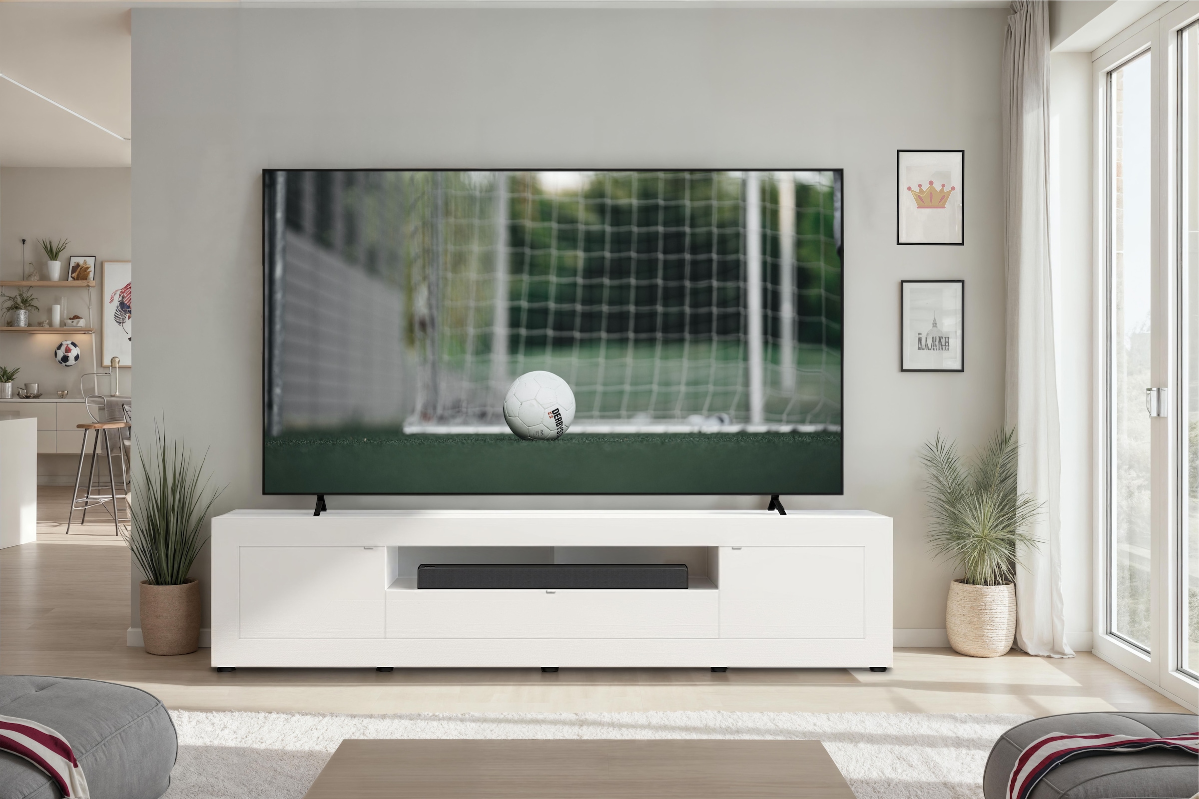 Home affaire Lowboard »Basic, 245 cm breit, 47 cm tief, 2 Türen, 1 Schubkasten, Medienboard« Modernes Lowboard für bis zu 98-Zoll-TV – perfekt für die WM