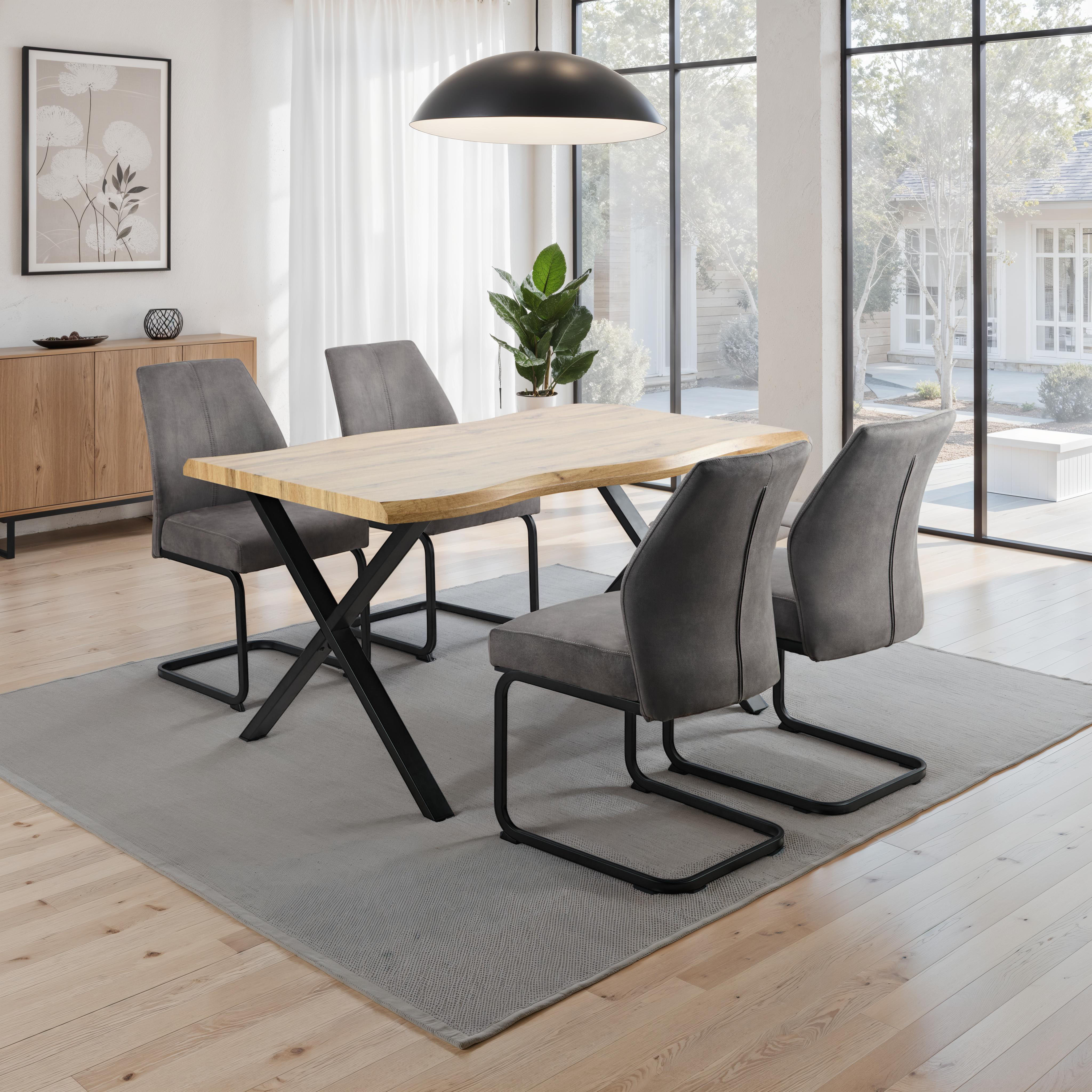 HELA Essgruppe "ILLER Tisch 140x90 cm" Set, 5 tlg. 5tlg., Baumkante 46mm, X-Gestell, Schwingstuhl, Federkorb