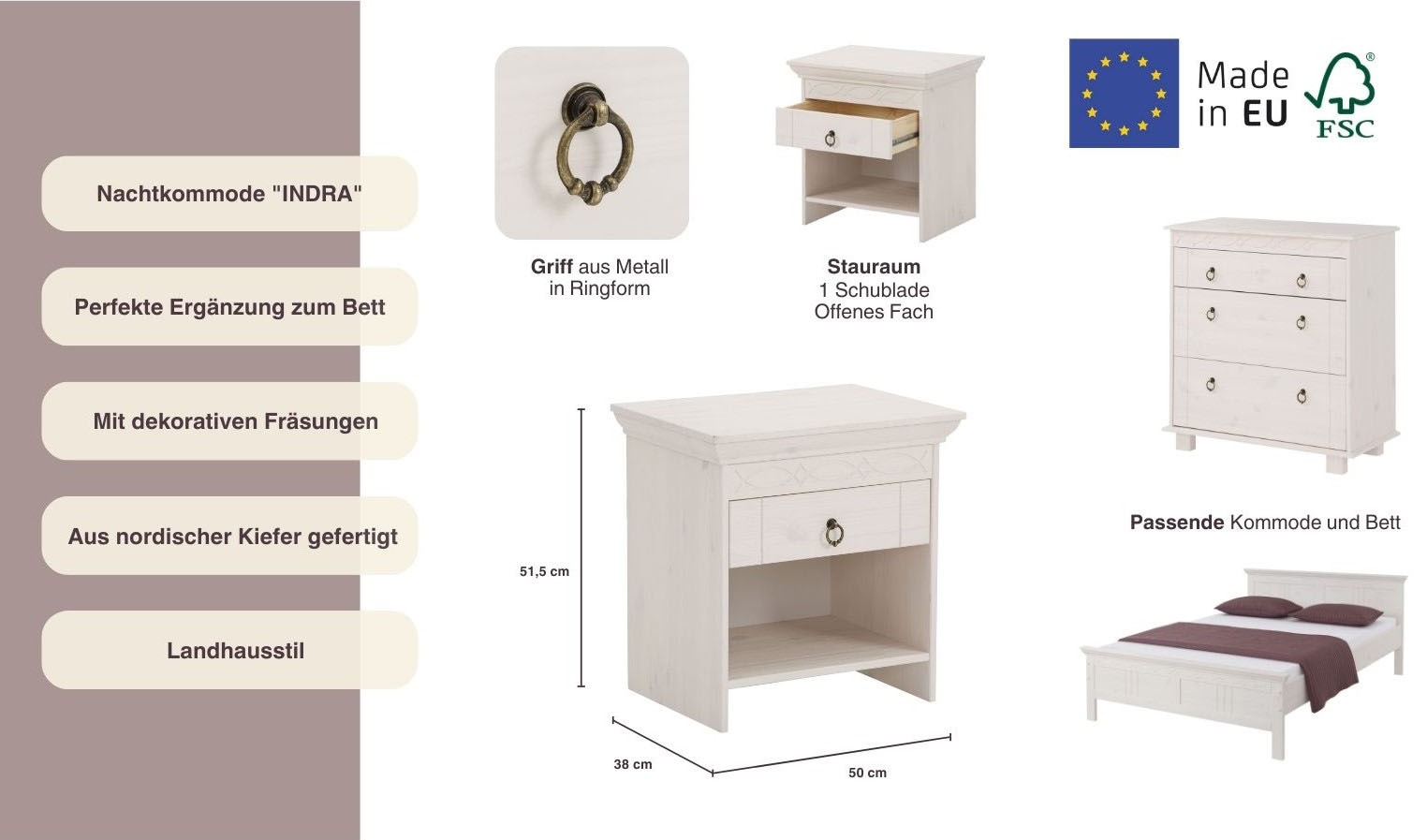 Home affaire Nachtkommode »Indra«, Nachttisch mit dekorativen Fräsungen, Breite: 50 cm