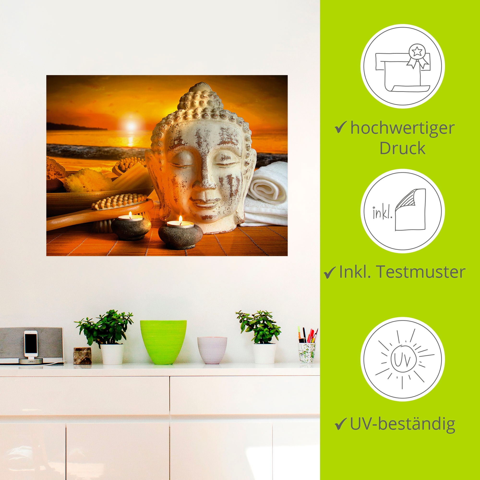 Artland Wandbild »Bad-Zubehör mit Buddha-Statue«, Religion, (1 St.), als Alubild, Outdoorbild, Leinwandbild, Wandaufkleber, versch. Größen