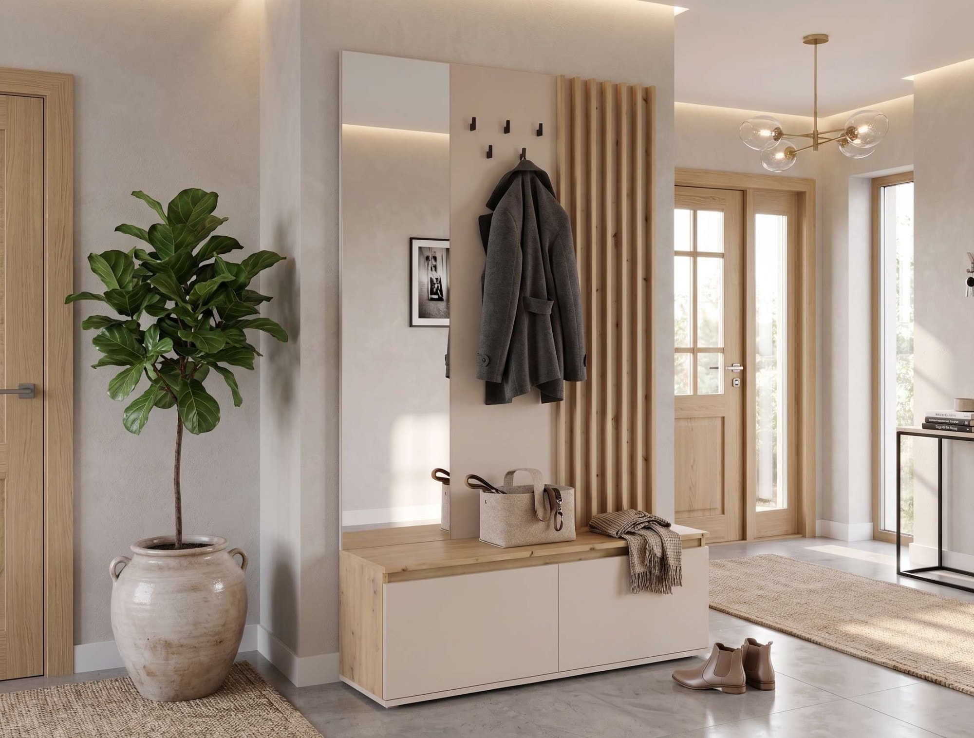 Home affaire Garderobenpaneel »LANDUVA Garderobe mit Schuhschrank, Spiegel und Haken, Breite 120 cm« Garderoben-Set, Kompaktgarderobe, mit Sitzbank, Lamellen Design