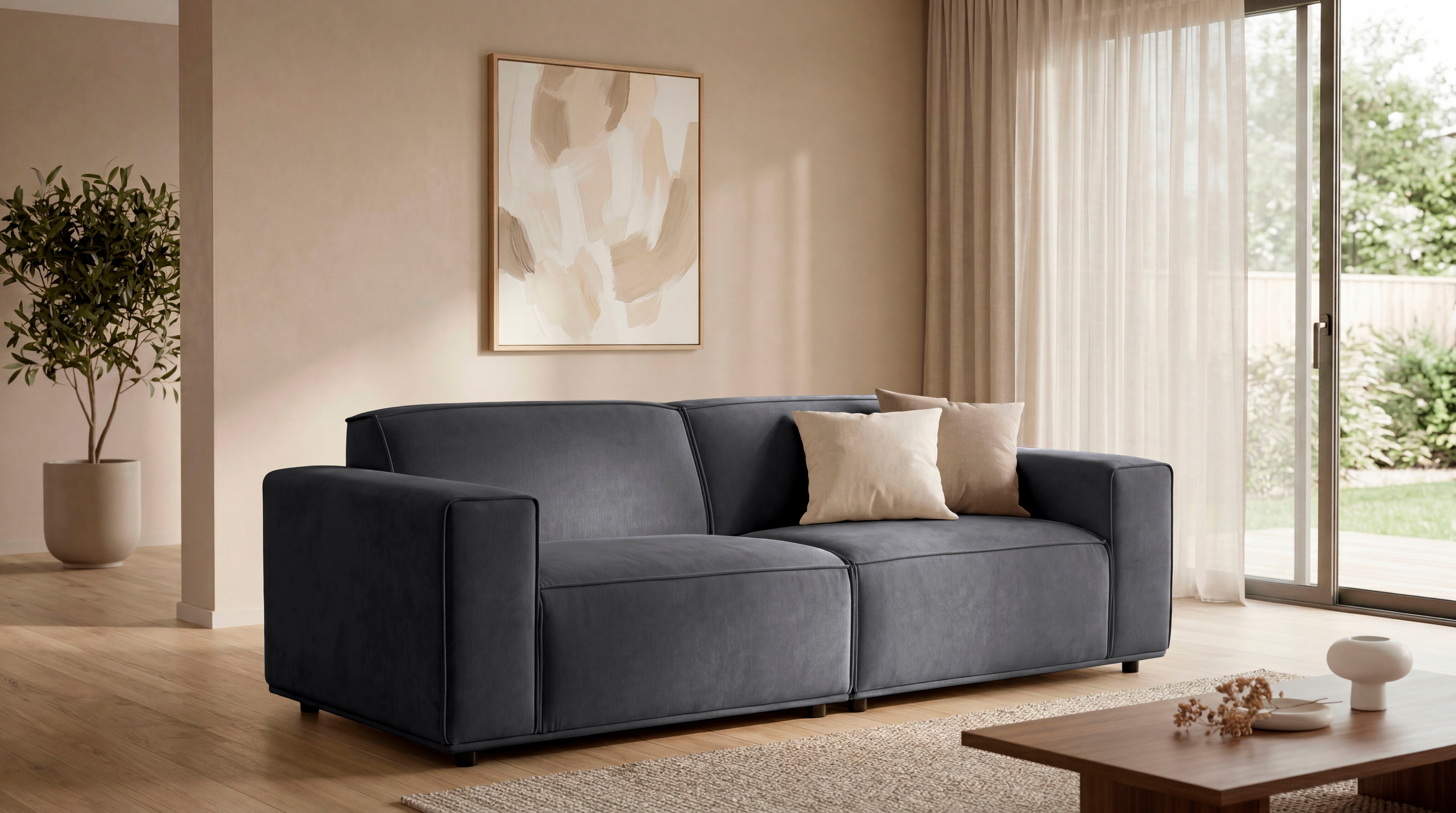 OTTO home 3-Sitzer "Avelin, 228 cm, Chenille, Struktur-Boucle" mit Wellenunterfederung, Kedernaht, bodentief, Skandi-Design