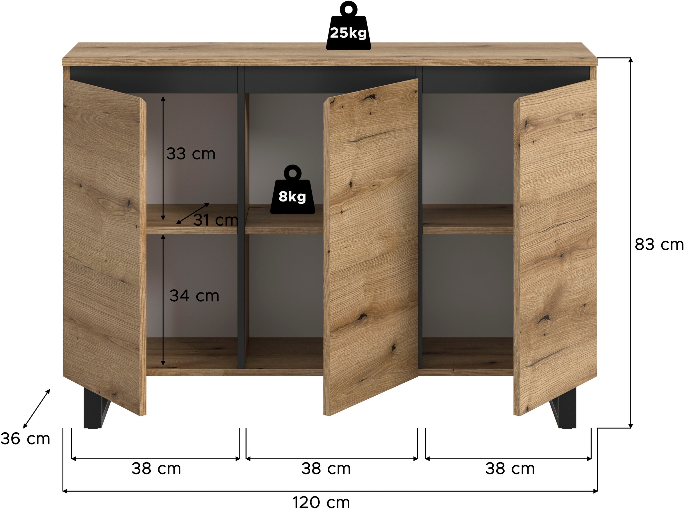 INOSIGN Sideboard »TOMA, Breite: 120 cm, mit Metall-Kufen-Fuß, 3 Türen, 3 Einlegeböden«, Anrichte, Kommode, Schrank, Board, Higboard