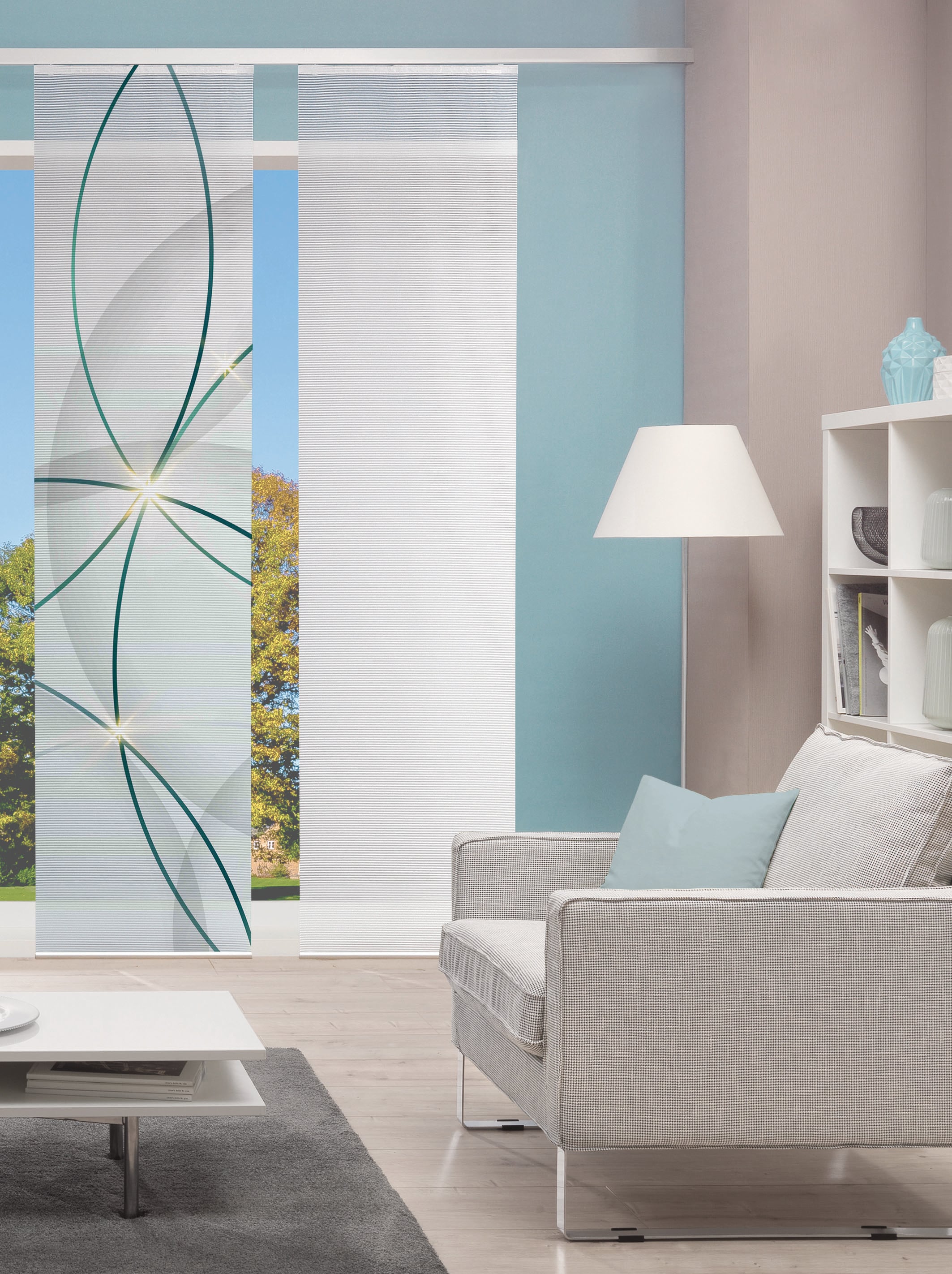 Schiebegardine VISION S, B:60cm H:260cm, blau, Polyester, Gardinen, "SCHIEBEVORHANG DIGITALDRUCK BAMBUS-OPTIK 'BLINKI'", DIGITALDRUCK - INDIVIDUELL