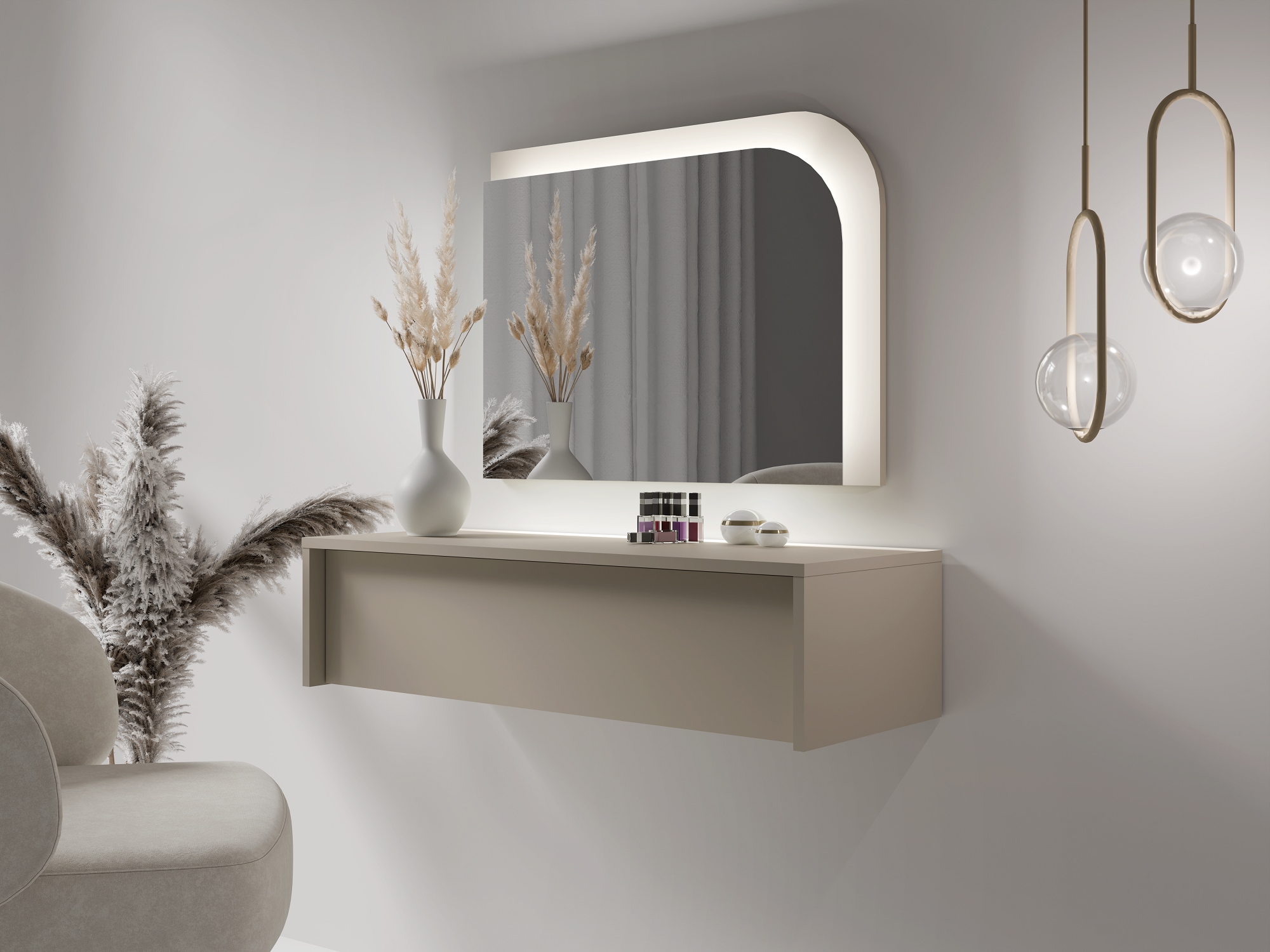 OTTO home Schminktisch »NANCY wandhängender Frisiertisch mit Spiegel, Beleuchtung, cashmere« Kosmetiktisch mit Schublade, LED, Soft-Close, B/T/H 93/35/23,2 cm