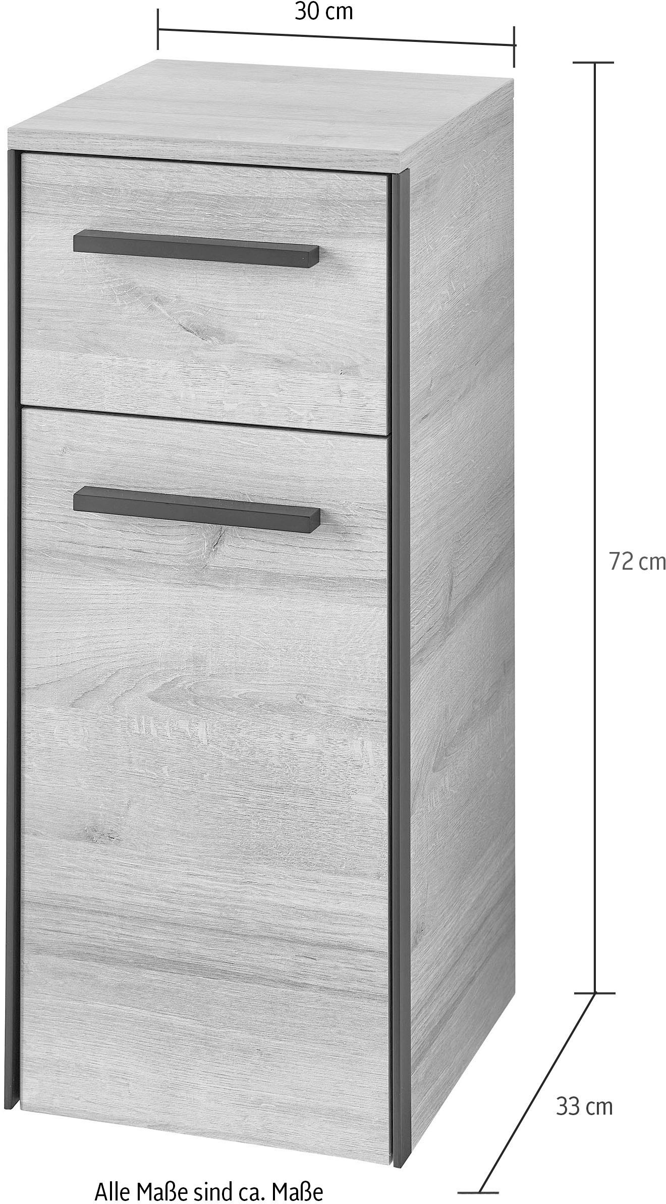 Saphir Unterschrank »Quickset 395 Badschrank, 1 Tür, 1 Schublade, 30cm breit, Griff Schwarz«, Badezimmermöbel inkl. Türdämpfer, Riviera Eiche quer Nachbildung