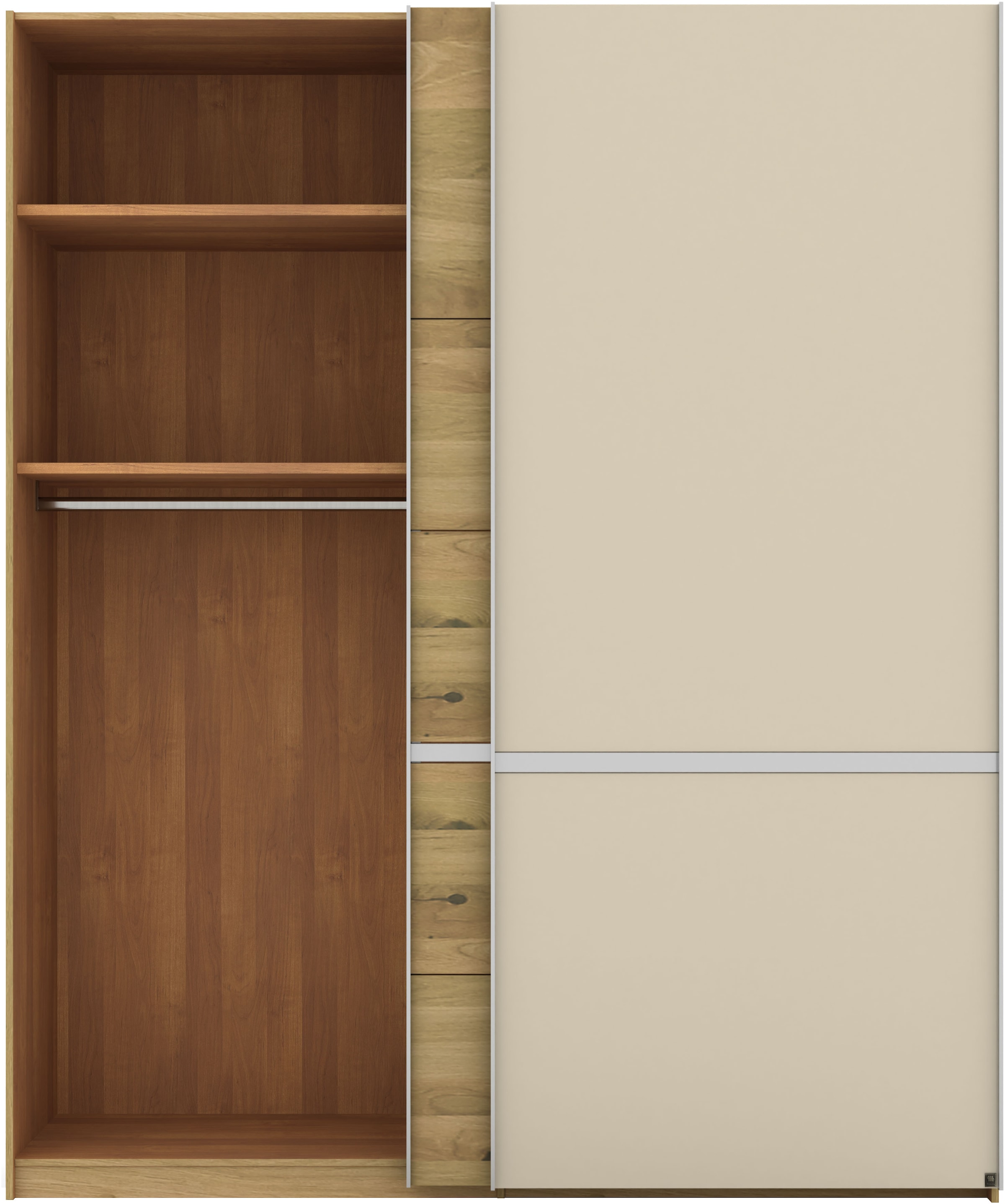 Musterring Schwebetürenschrank »Savona, Kleiderschrank, Schrank, Garderobe, mit Schiebetüren«, (Teilmassiv Bianco-Eiche, mit Spiegel oder Glas, MADE IN GERMANY), Türen Bianco-Eiche massiv, Spiegel-/Glastüren, eingelegte Chromleiste