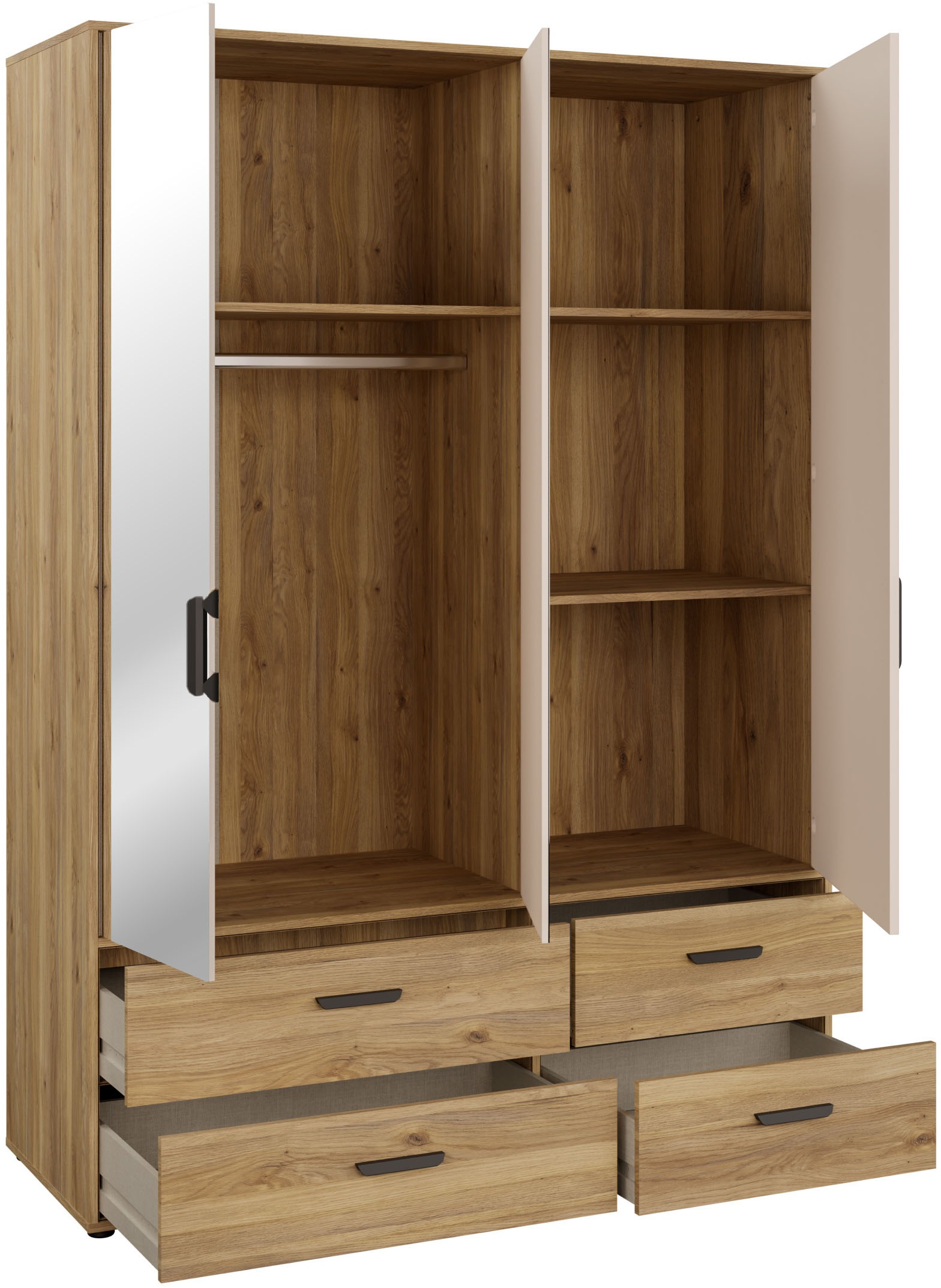 FORTE Drehtürenschrank »Schrank mit Spiegel, zeitloses Design, 3türig« viel Stauraum, Schubladen, Spiegeltürenm Höhe 200 cm