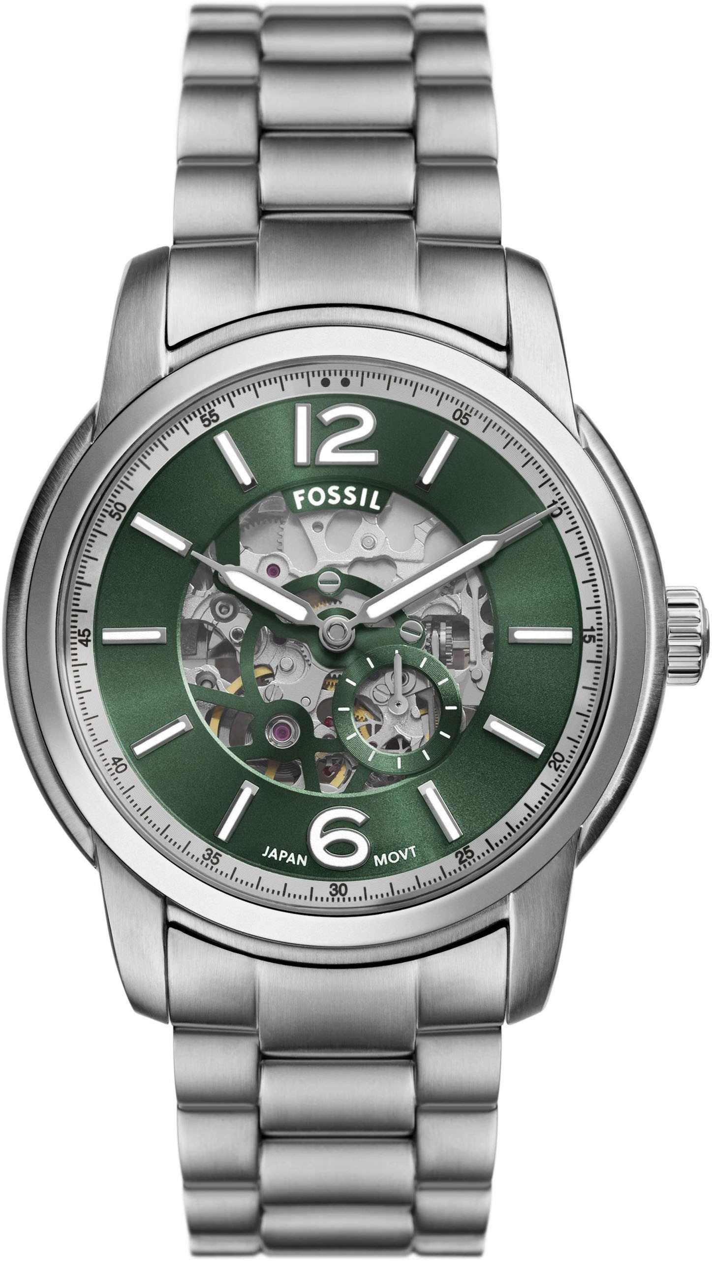 Fossil "HERITAGE" Armbanduhr, Herrenuhr, Mechanische Uhr, Edelstahlarmband, analog
