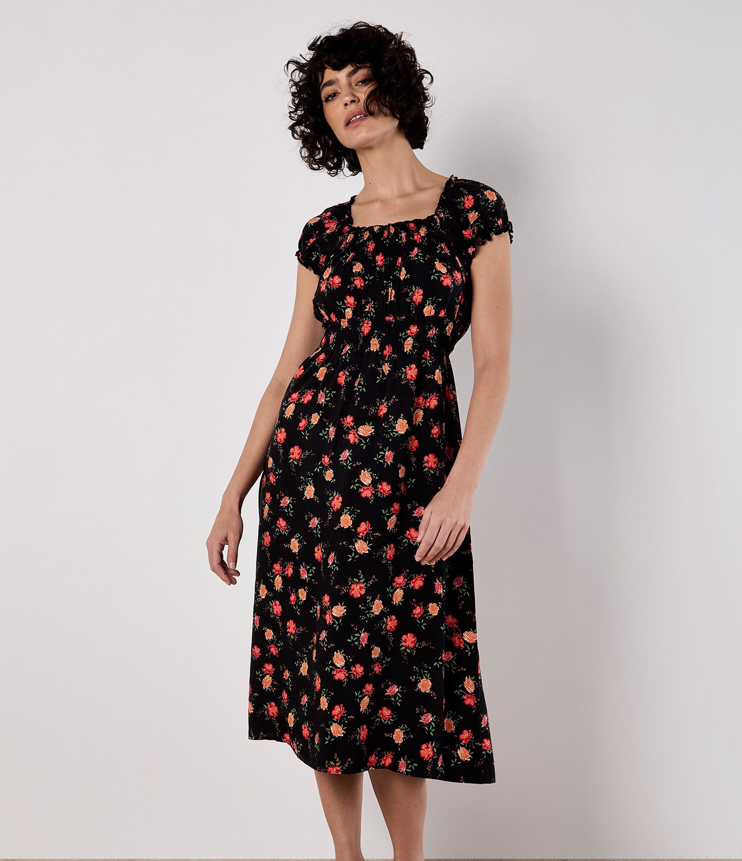 Apricot Midikleid "Vintage Milkmaid Midikleid" mit Smokdetails