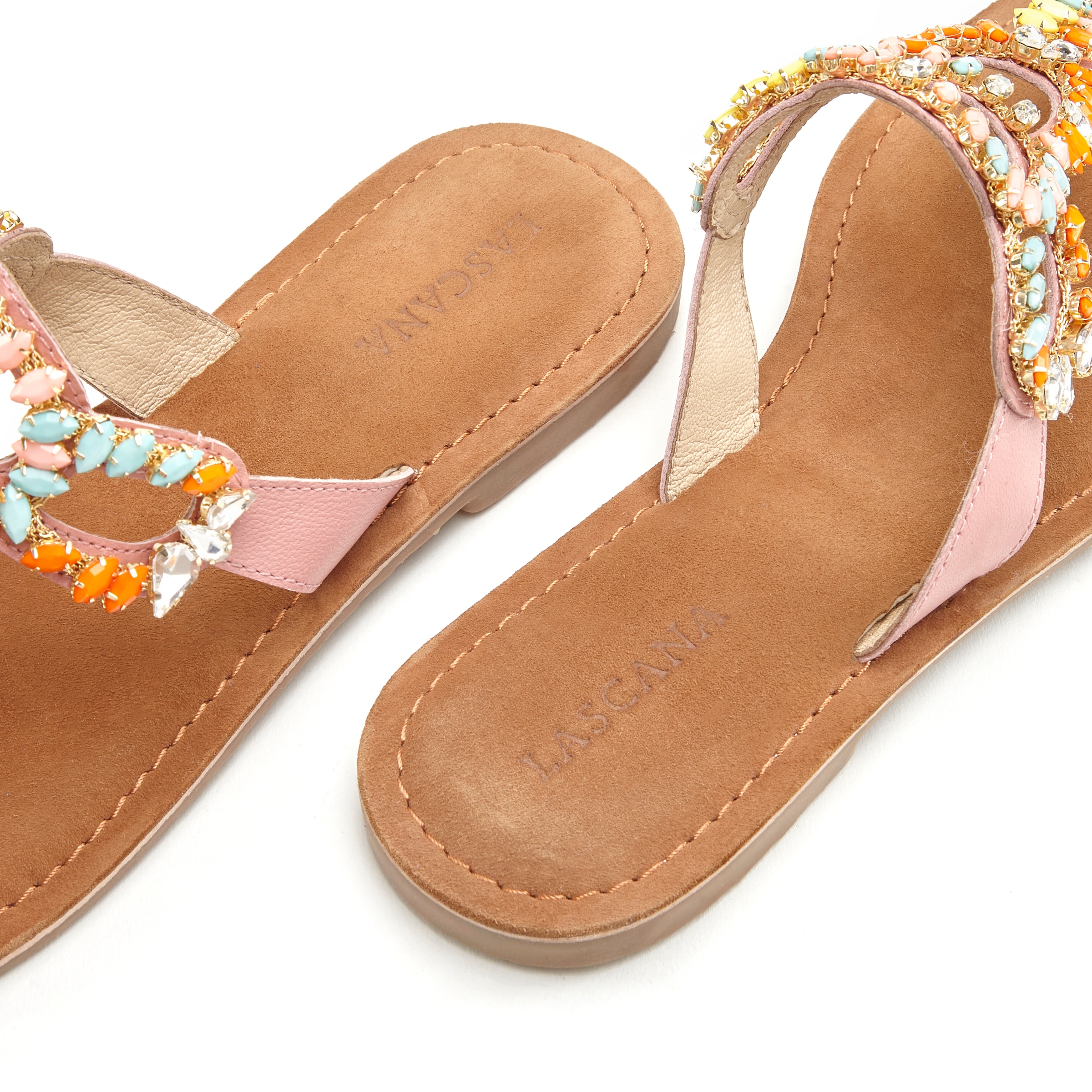 LASCANA Dianette, aus Leder mit bunten Schmuckelementen, Zehenstegpantolette, offener Schuh