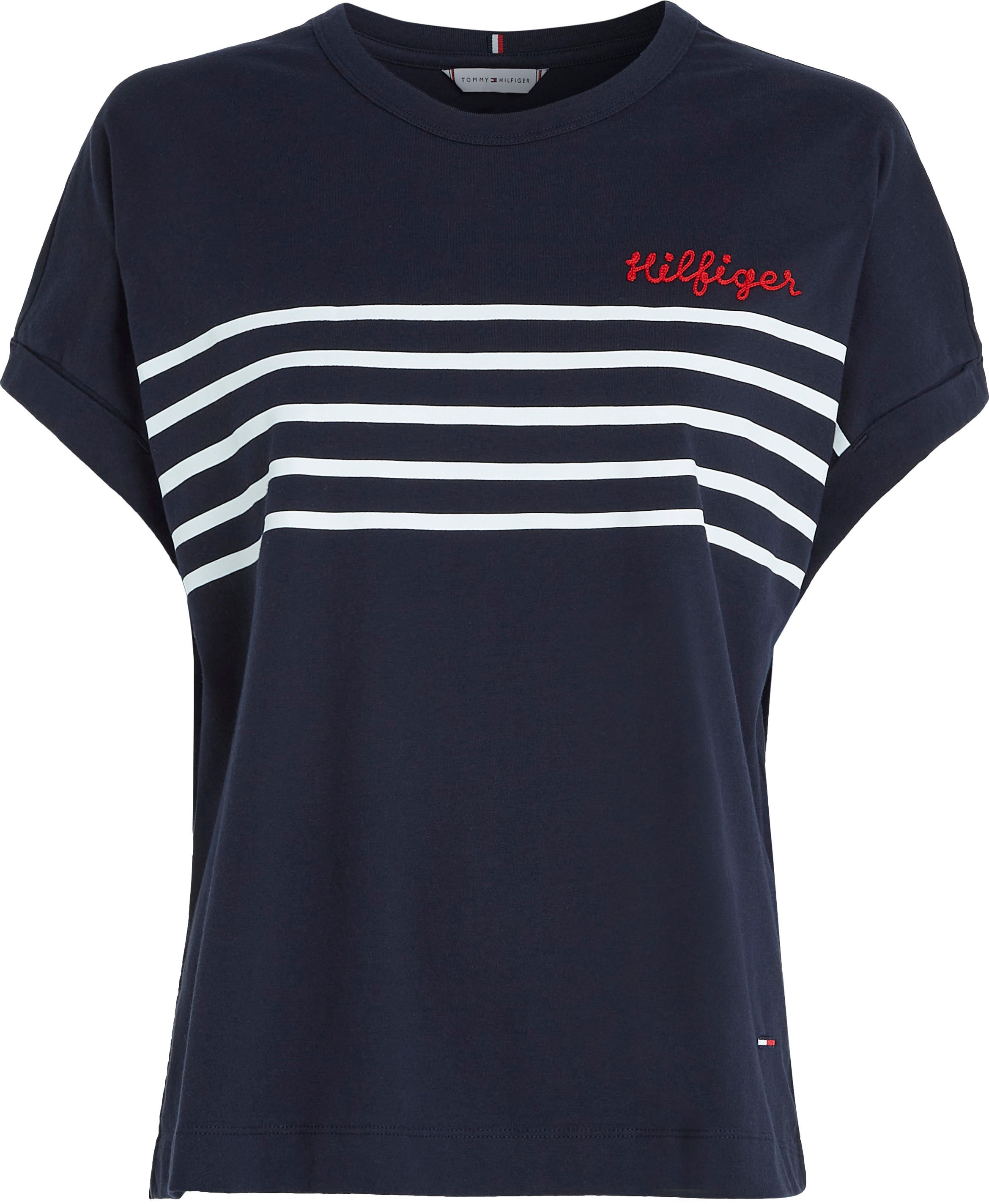 SS«, Rundhalsshirt bestellen in Schriftzug Tommy STRIPE Strickoptik C-NK Hilfiger BAUR mit Tommy Hilfiger »RLX | aufwendigem EMB für