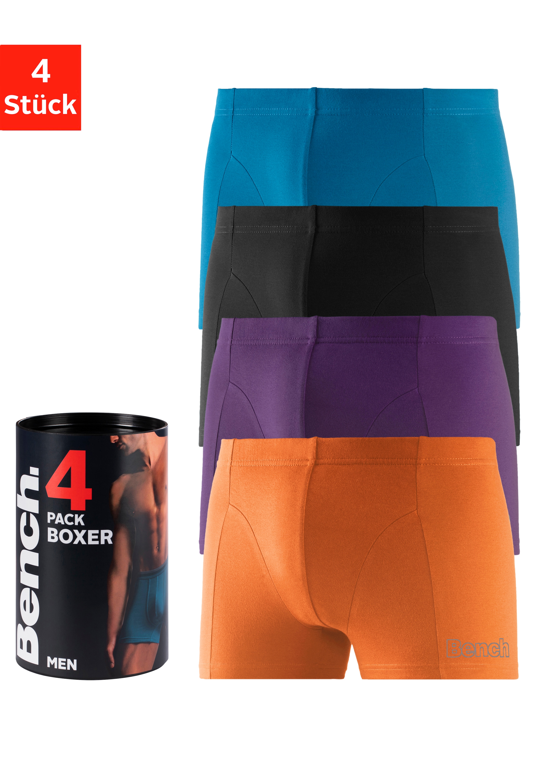 Bench. Boxer "Boxershorts für Herren" Dose, 4 Stk. Unterhosen in der Dose mit kleinem Logodruck auf dem Bein