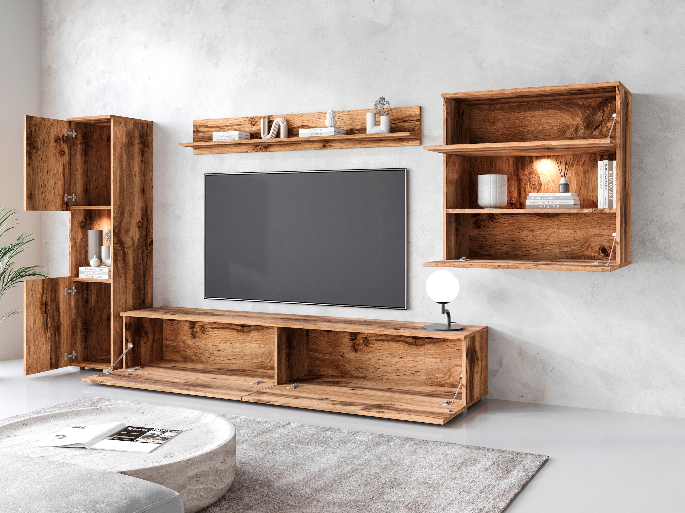 INOSIGN Wohnwand »PARIS«, (Komplett-Set, 4 St.), TV-Wand 300cm breite, grifflose Design, stehend und hängend montierbar