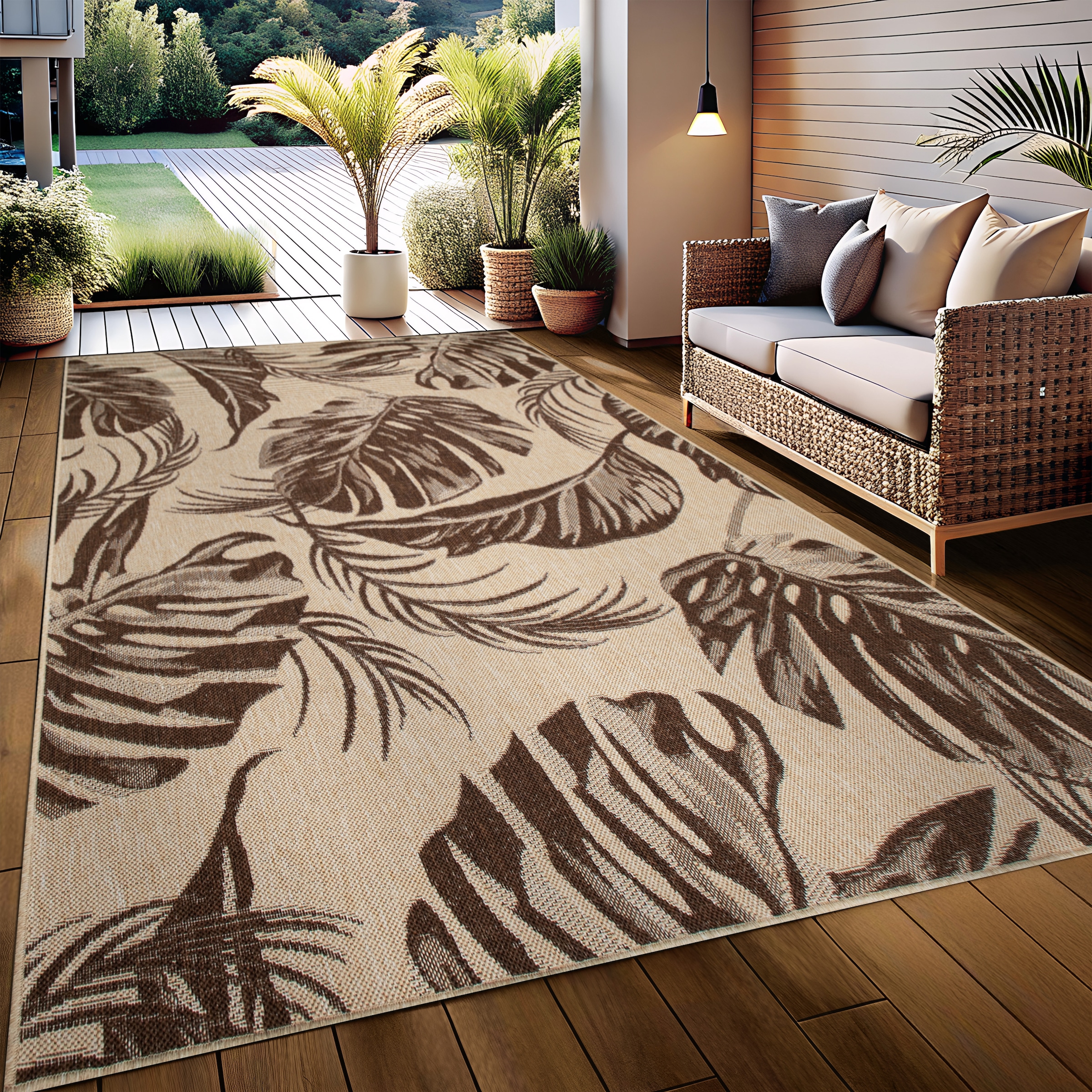 Bruno Banani Teppich »Larral, Blätter-Design auch für Balkon und Terrasse«, rechteckig, 3 mm Höhe, In- und Outdoor geeignet, Wetterfest & UV-beständig