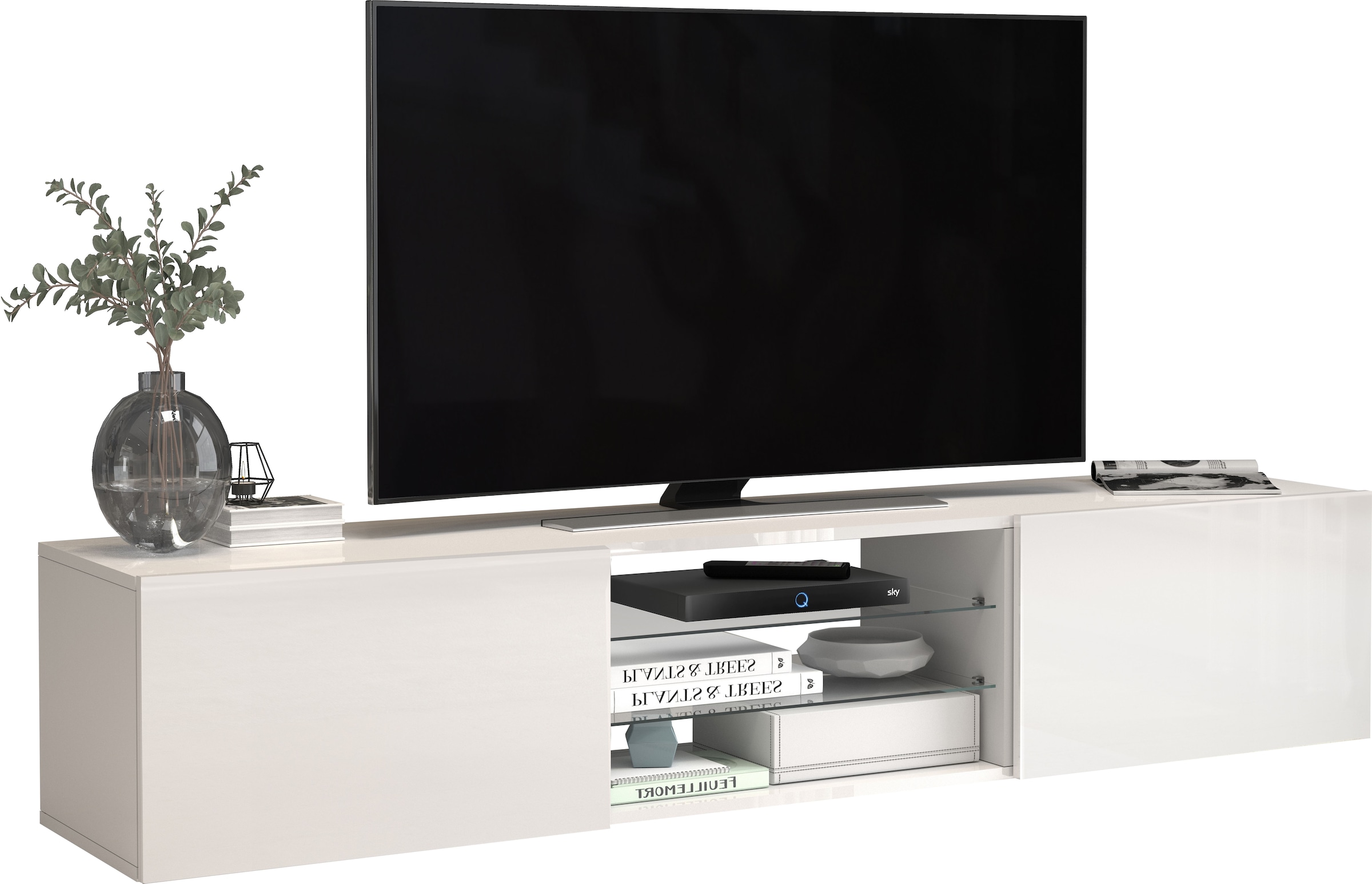 INOSIGN Lowboard »Egypt,Lowboard,TV-Kommode,TV-Möbel,TV-Bank«, mit 2 Klappen, 2 Glasböden,kompl. Hochgl. lackiert (B/T/H)180x38x35 cm