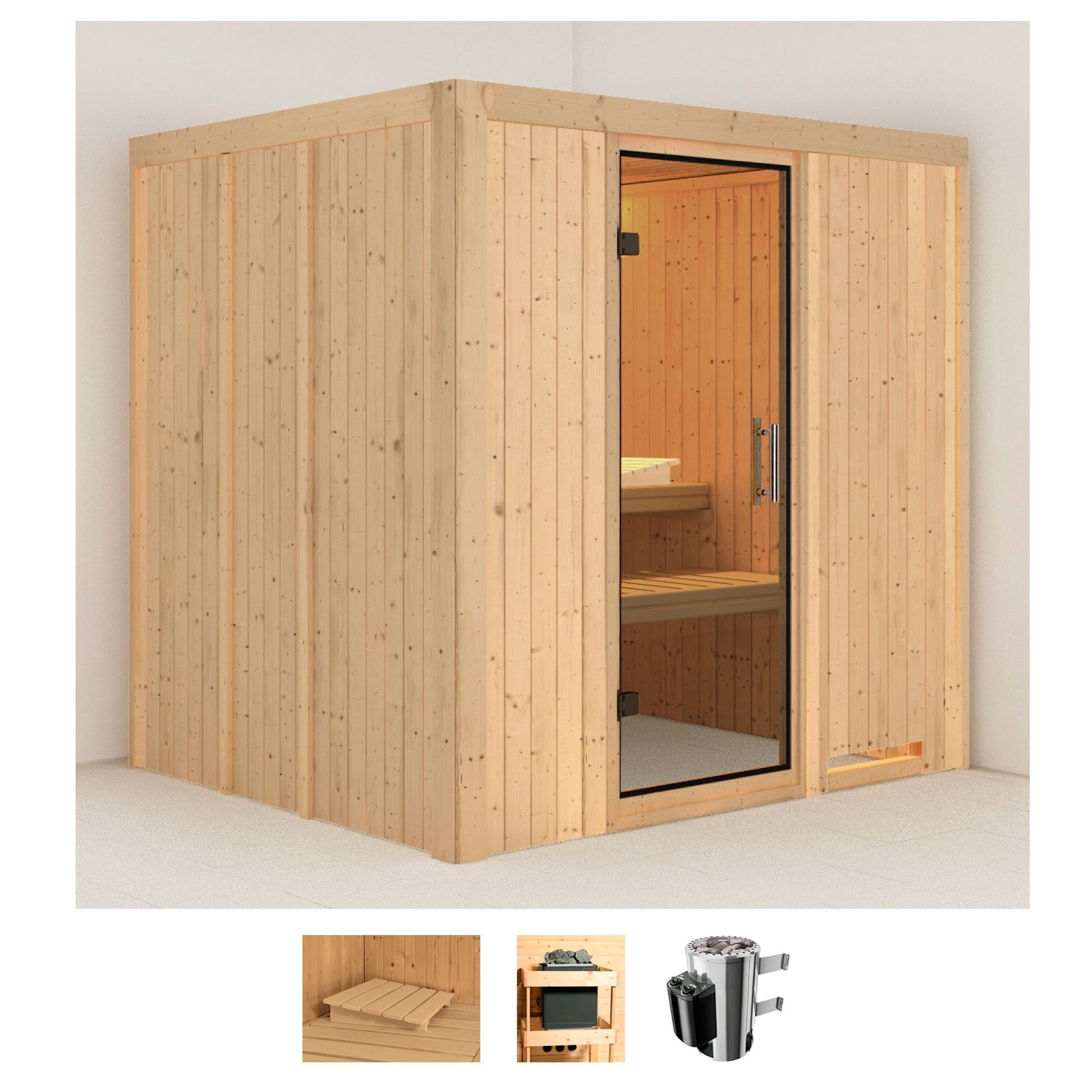 Karibu Sauna "Dima" Set, Ofen 3,6 kW intgr. Strg
