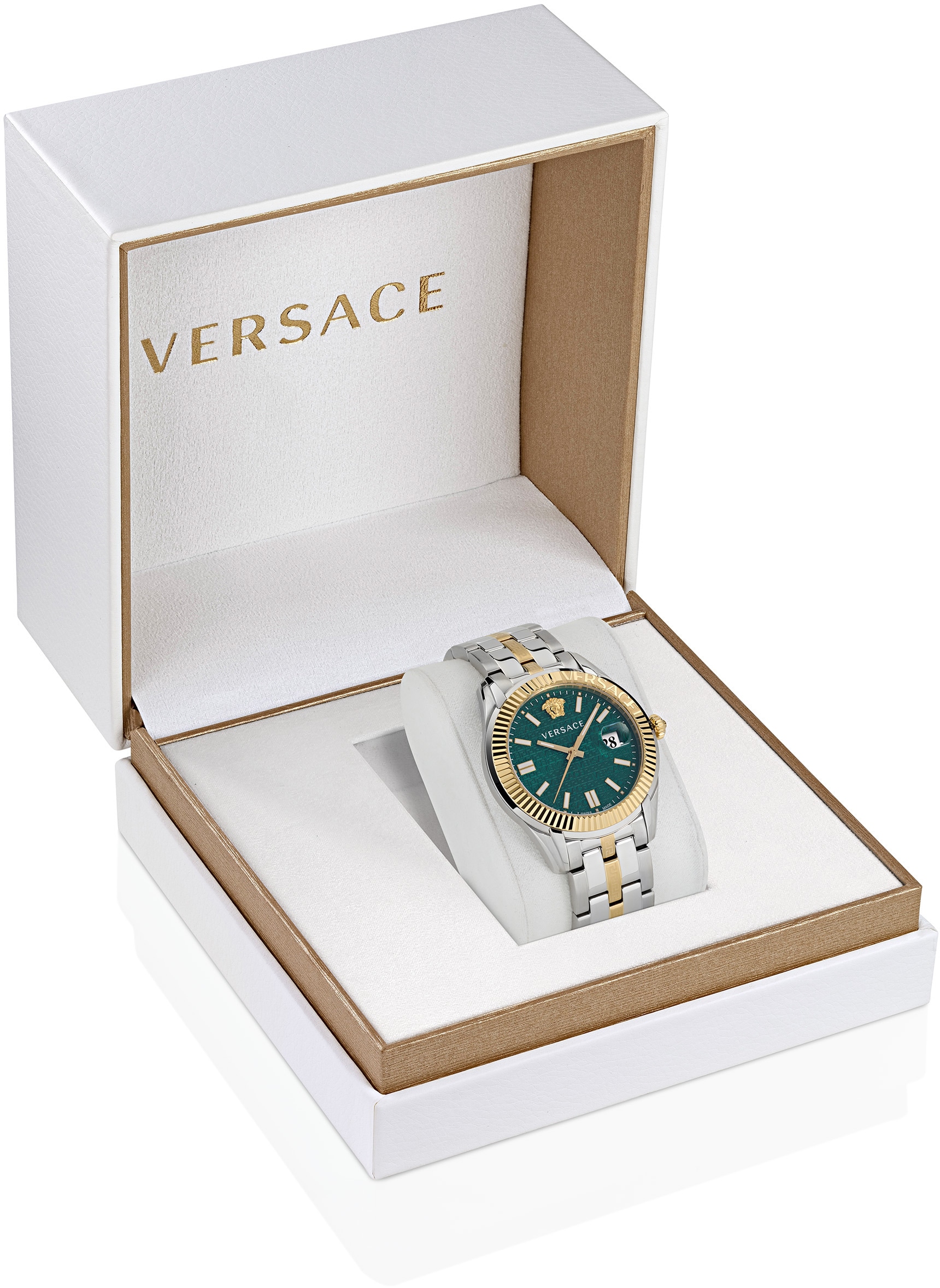 Versace Quarzuhr »GRECA TIME, VE3K00422«, Armbanduhr, Damenuhr, Saphirglas, Datum, Swiss Made, bicolor, analog