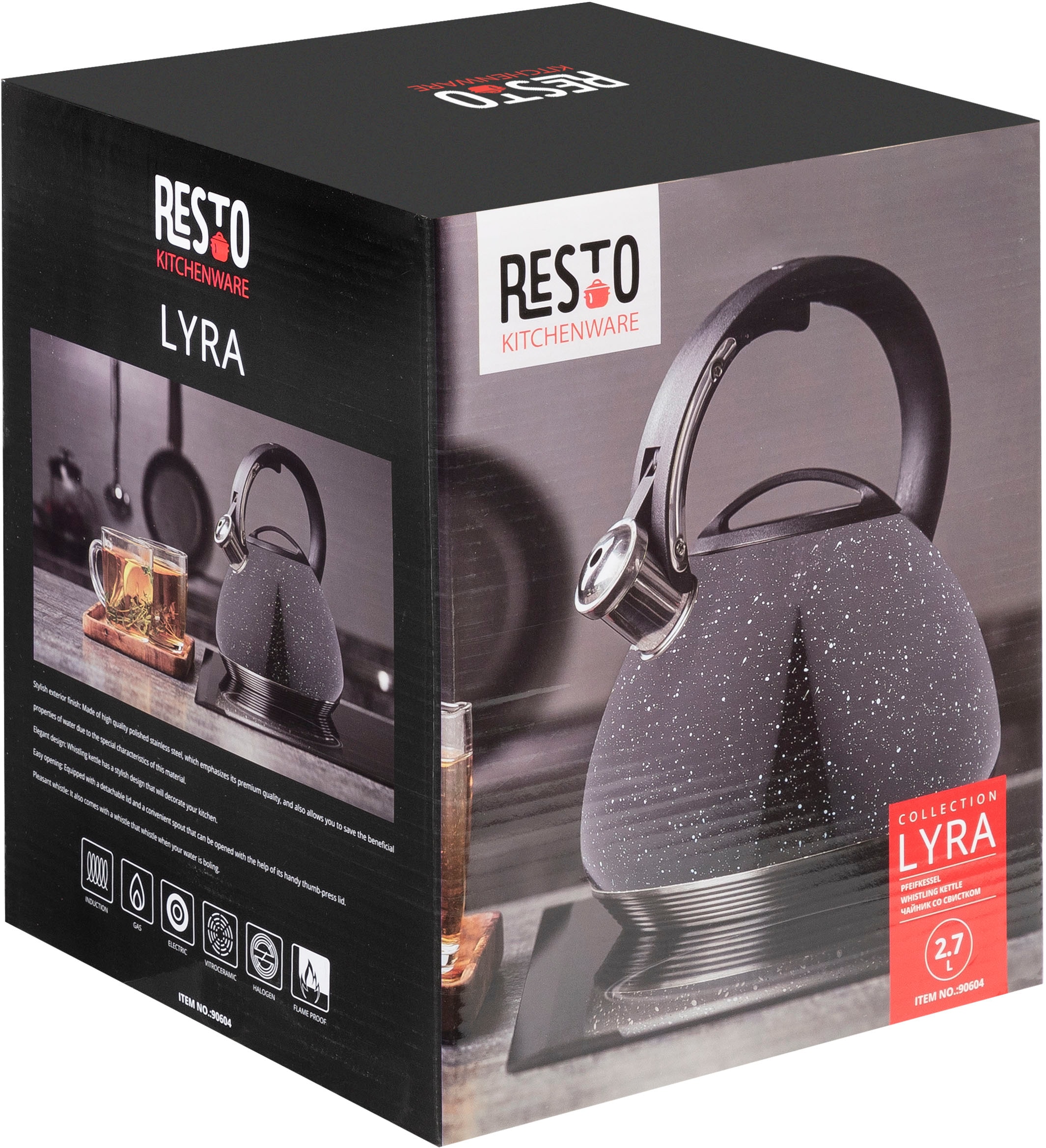 RESTO Kitchenware Wasserkessel »Lyra, Flötenkessel 2,7 l mit wärmespeicherndem Boden im Geschenkkarton«, Edelstahl, (1 tlg.), mit ergonomischem, wärmeableitenden Bakelit-Griff