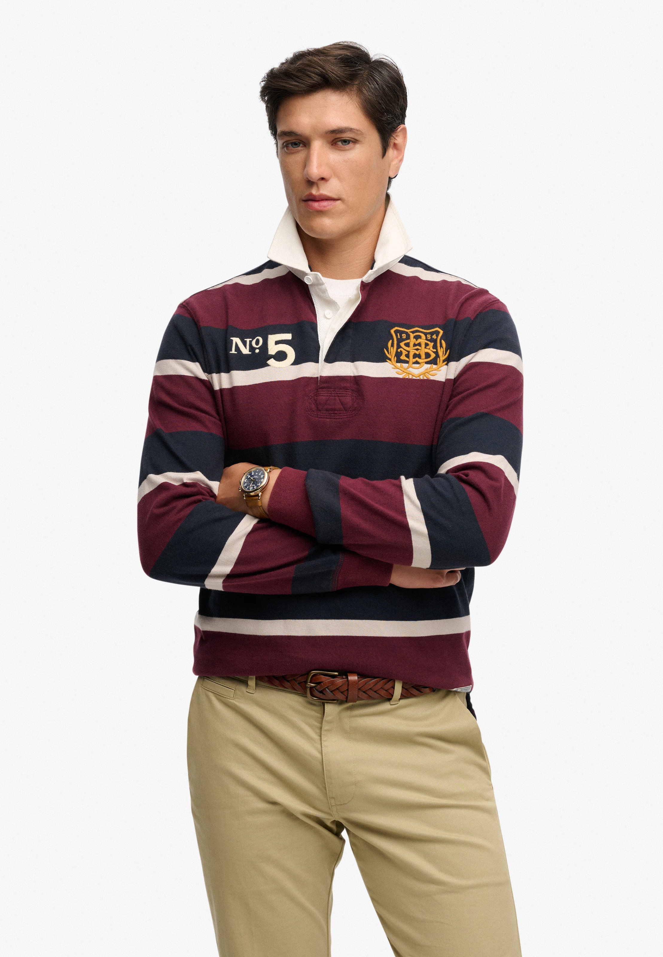 Superdry Langarmshirt "DOUBLE EMBLEM STRIPE RUGBY" aus Baumwolle und Single Jersey, Relaxed Fit, gestreifte Optik