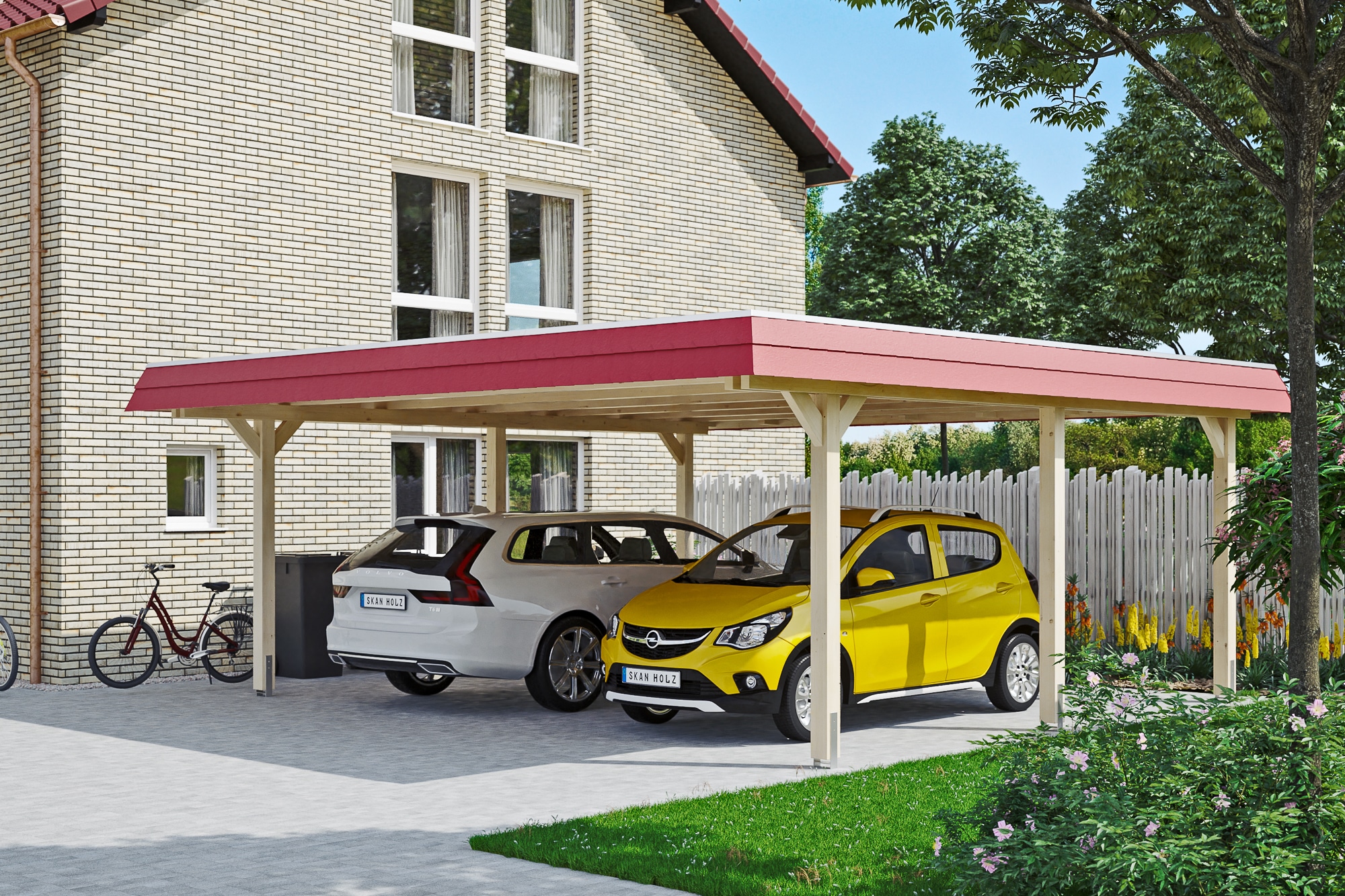 Skanholz Doppelcarport »Wendland«, Leimholz-Fichte, 550 cm, Natur, mit EPDM-Dach, rote Blende